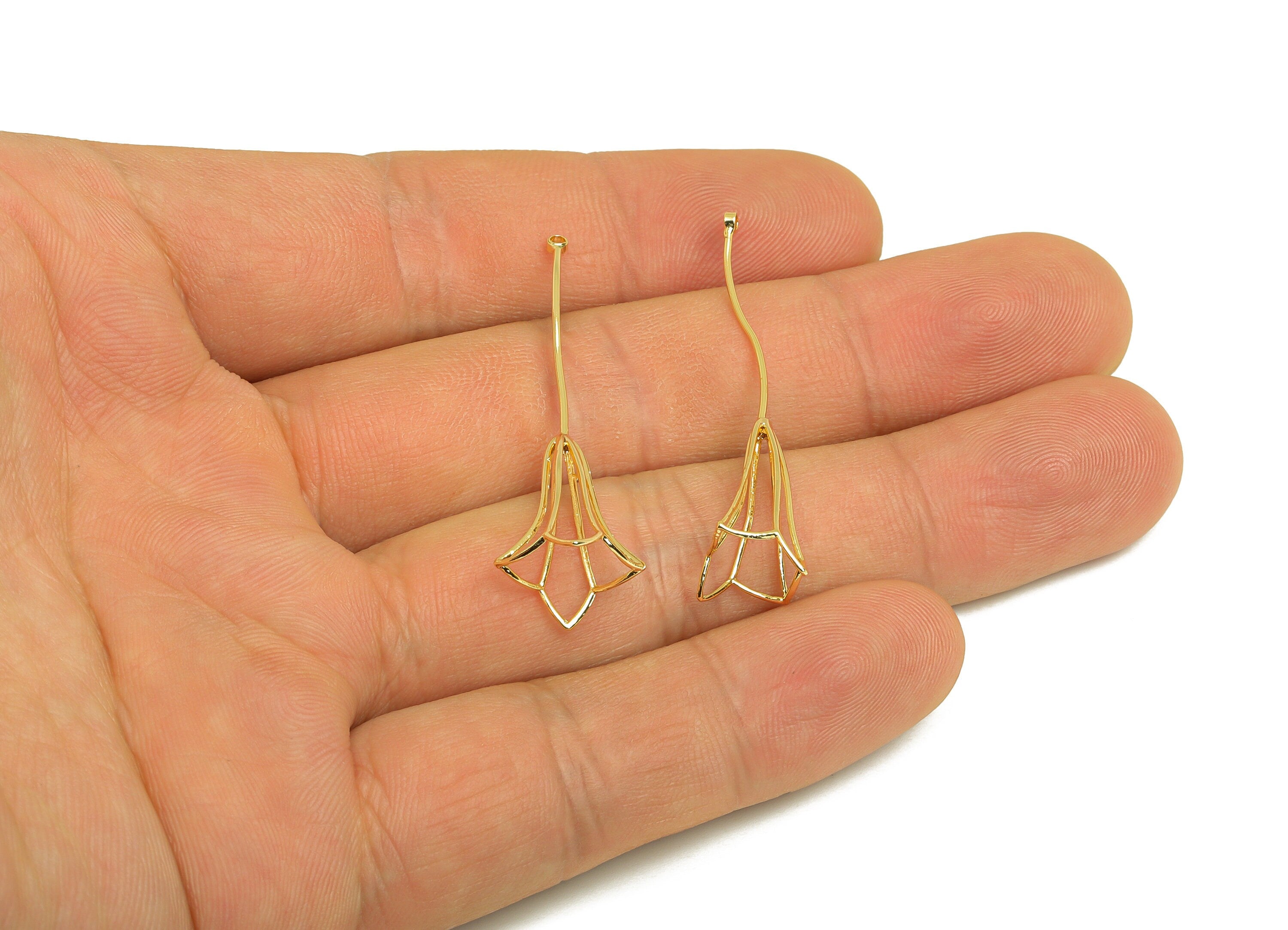 Brass Flower Earring Charm - Brass Hollow Wire Earring Charm -Brass Hollow Pendant For Pearl - 18K Real Gold Plating - 39x13x8mm - RGP6788 - DOMEDBAZAAR