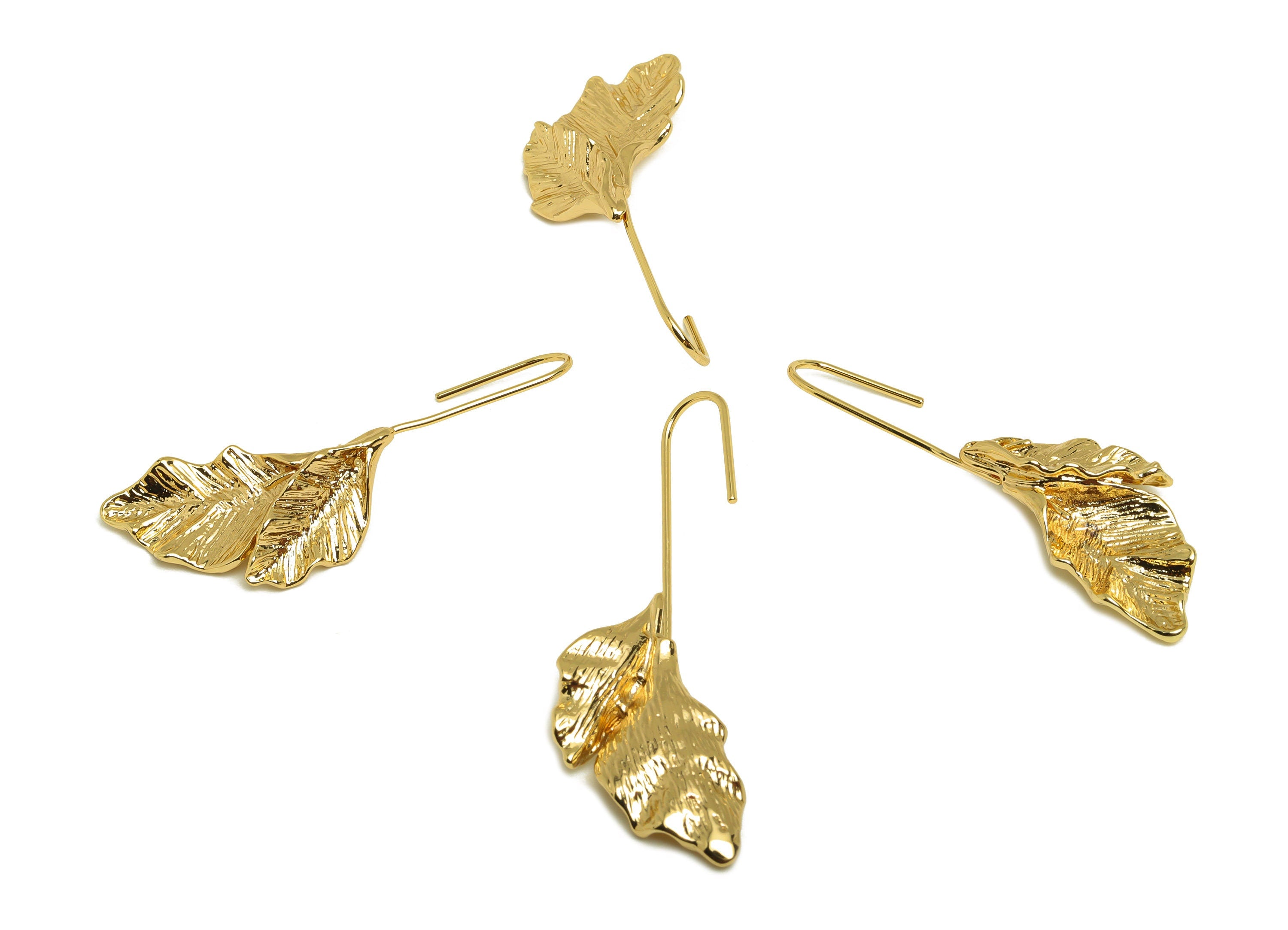 Brass Wire Leafs Earring - Brass Leaf Earring Wires For Peral - Brass Botanical Ear Hooks - 18K Real Gold Plating - 50x15x0.86mm - RGP6804 - DOMEDBAZAAR