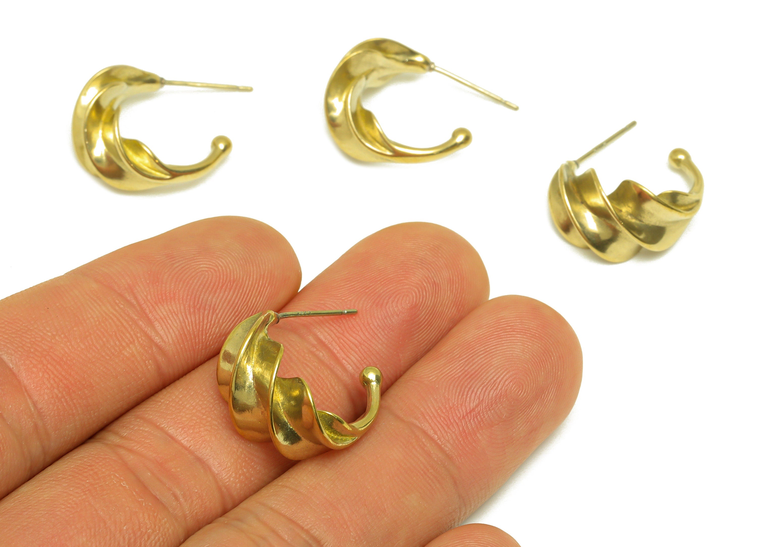 Brass Hoop C Earring Stud - Raw Brass Open Hoop Earring Post - Brass Textured Spiral Earring Stud - 925 Sivel Stud - 18x16.4x10mm - PP10575 - DOMEDBAZAAR