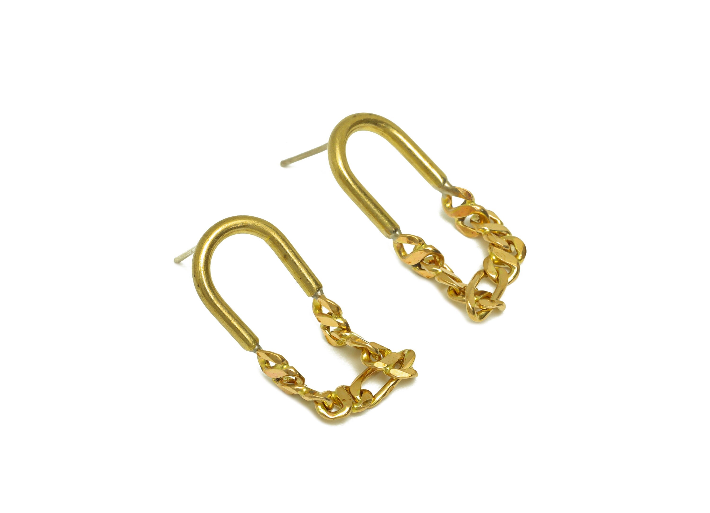 Brass U Chian Earring Stud - Raw Brass Hammered Chain Earring Post - Brass Geometry Earring Stud- Interlock Post - 27x11.6x2mm - PP10579 - DOMEDBAZAAR