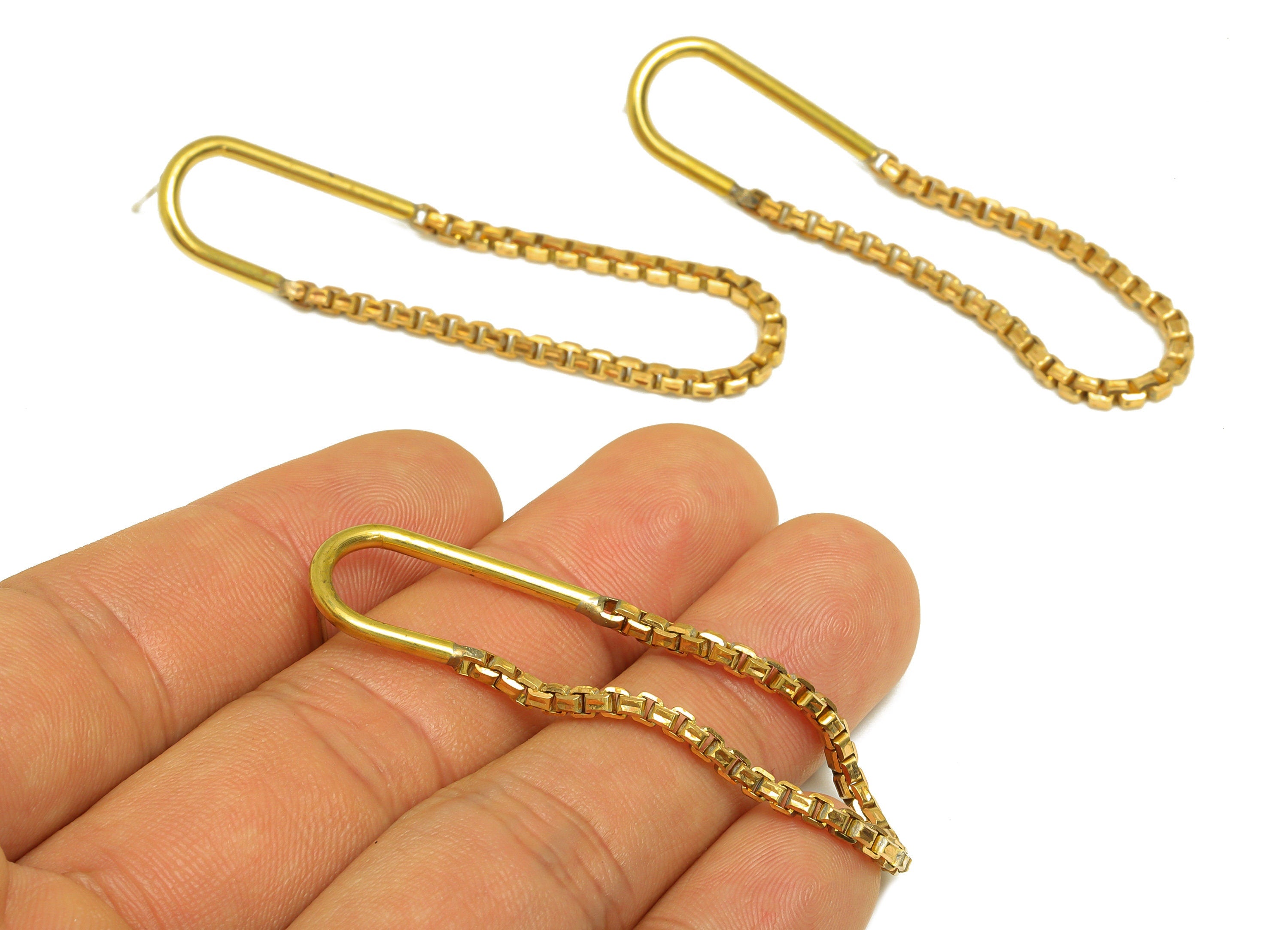 Brass U Chian Earring Stud - Raw Brass Hammered Chain Earring Post - Brass Box Chian Stud Earring - Imitation Silver Stud -57x13x2mm-PP10591 - DOMEDBAZAAR