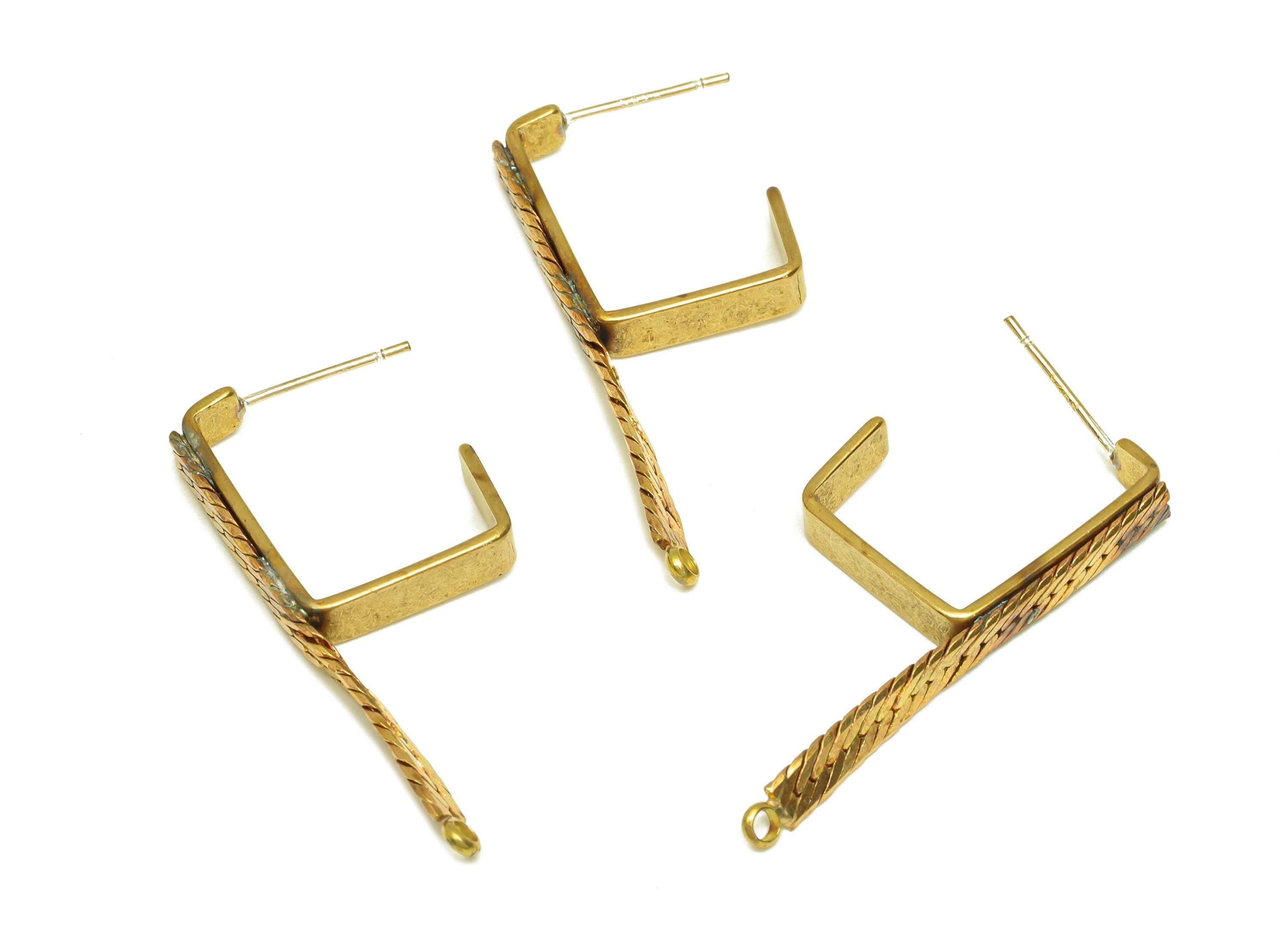 Brass Hoop Earring Stud - Raw Brass Snake Chian Hoop Earring Post - Dangle Square Hoop Stud Earring - Chain With Loop - 36.5x4x1mm - PP10581 - DOMEDBAZAAR