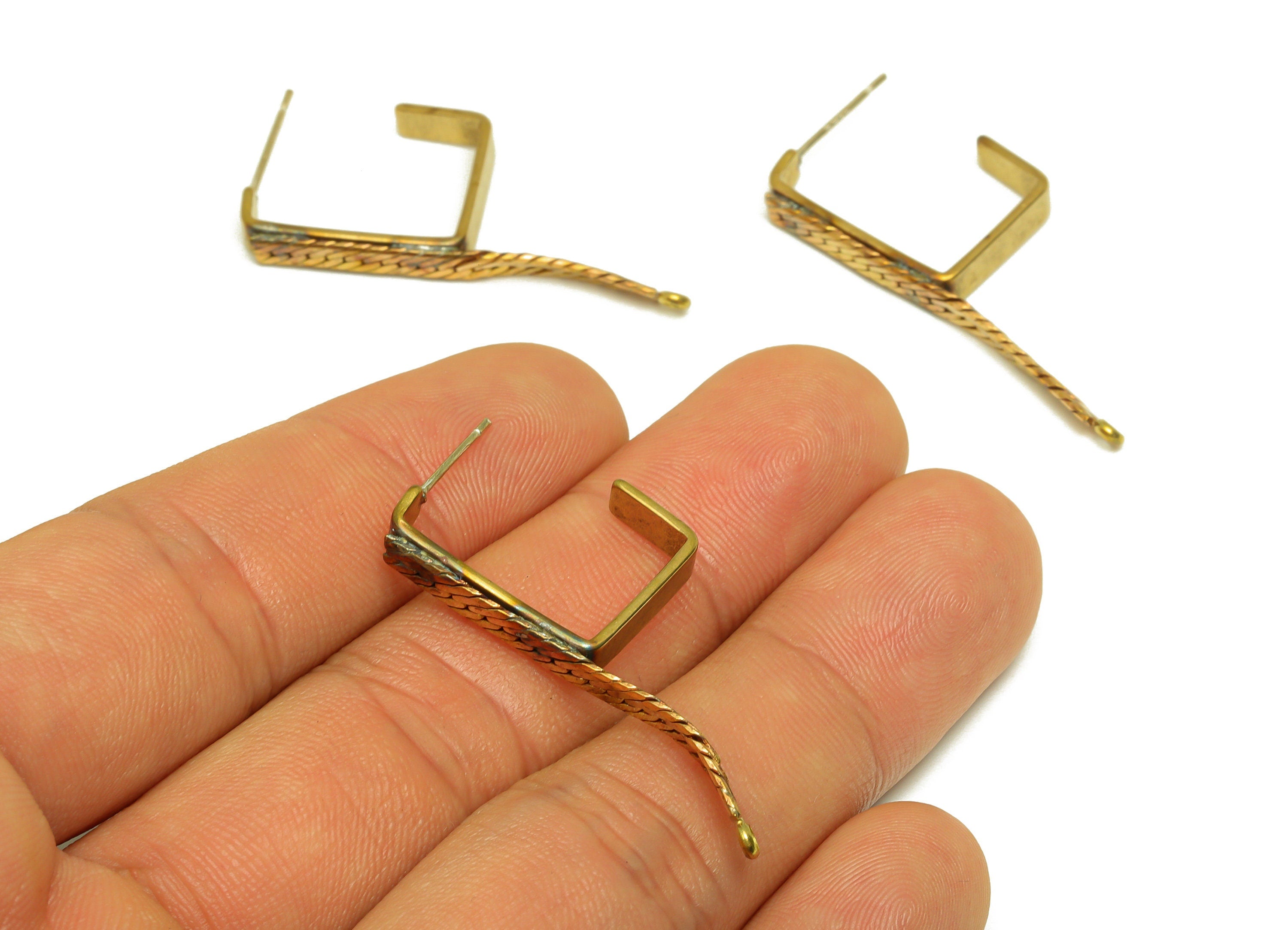 Brass Hoop Earring Stud - Raw Brass Snake Chian Hoop Earring Post - Dangle Square Hoop Stud Earring - Chain With Loop - 36.5x4x1mm - PP10581 - DOMEDBAZAAR