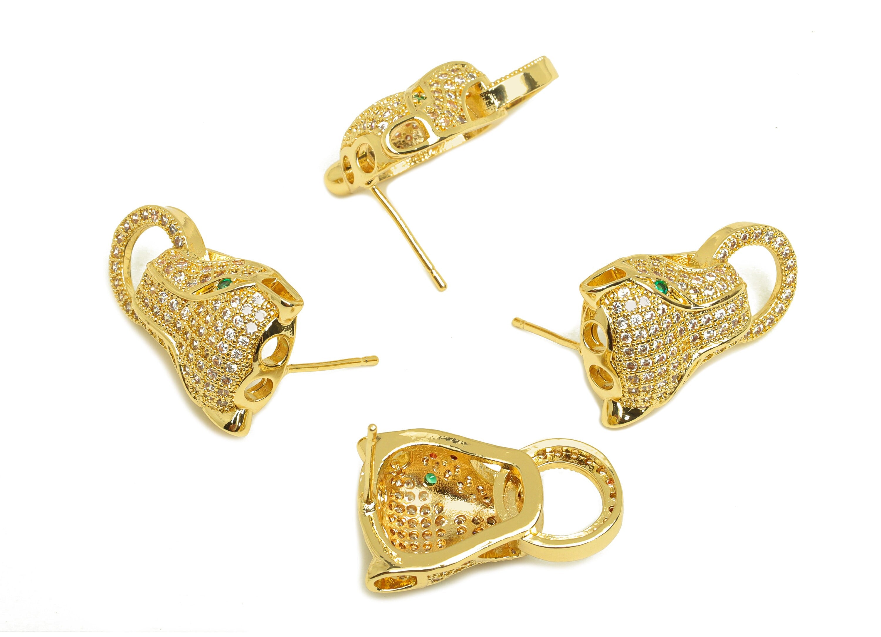 Brass CZ Wolf Earring Stud - Brass Cubic Wolf Earring Post - Rainbow Cubic Zircon Earring Post - 18K Real Gold Plating - 23x14x1mm - RGP6946 - DOMEDBAZAAR