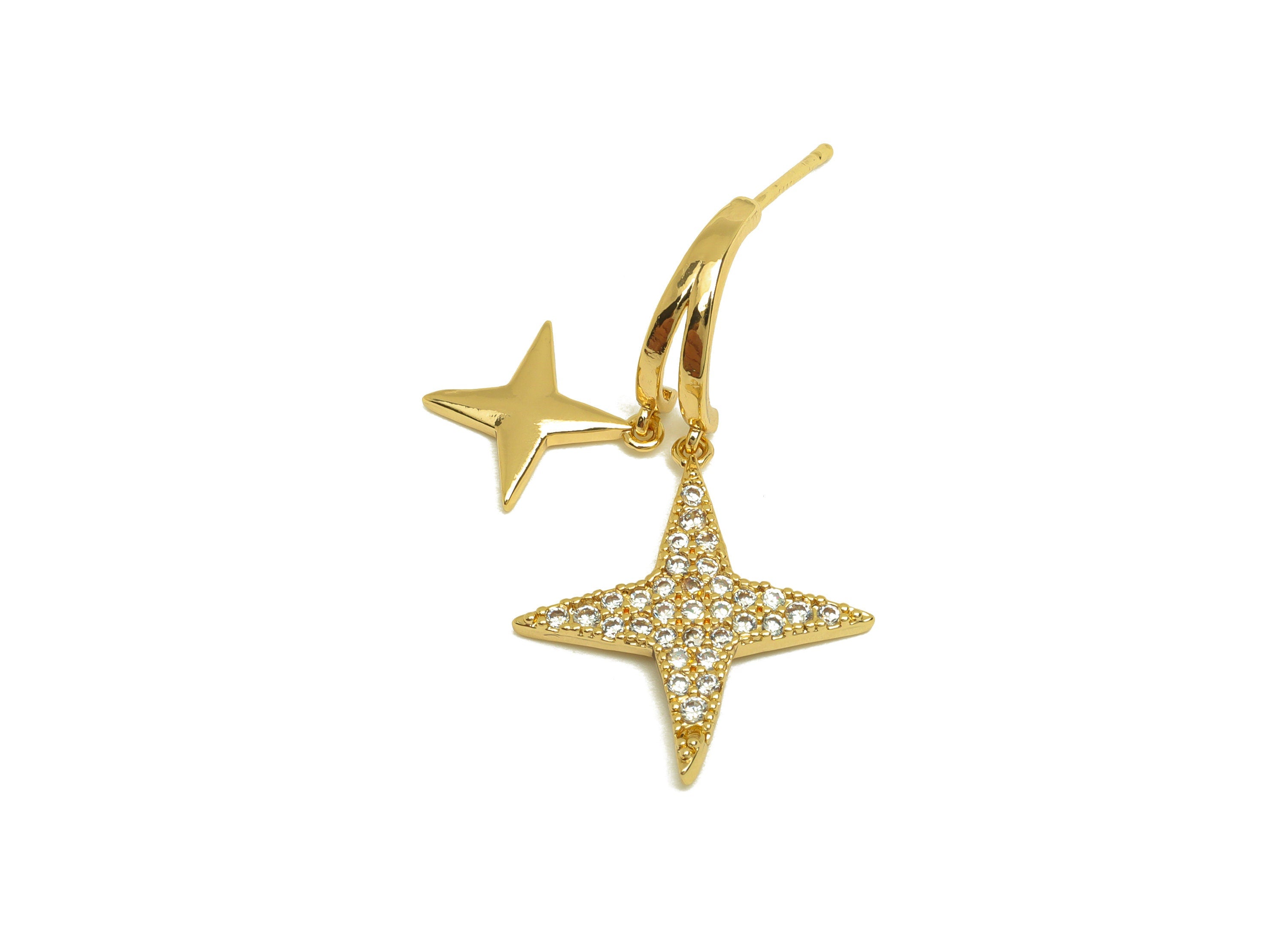 Brass CZ Star Earring Stud - Brass Dangle Hoop Star Earring Post - Brass Zircon Earring Post - 18K Real Gold Plating - 30x18x1mm - RGP6944 - DOMEDBAZAAR