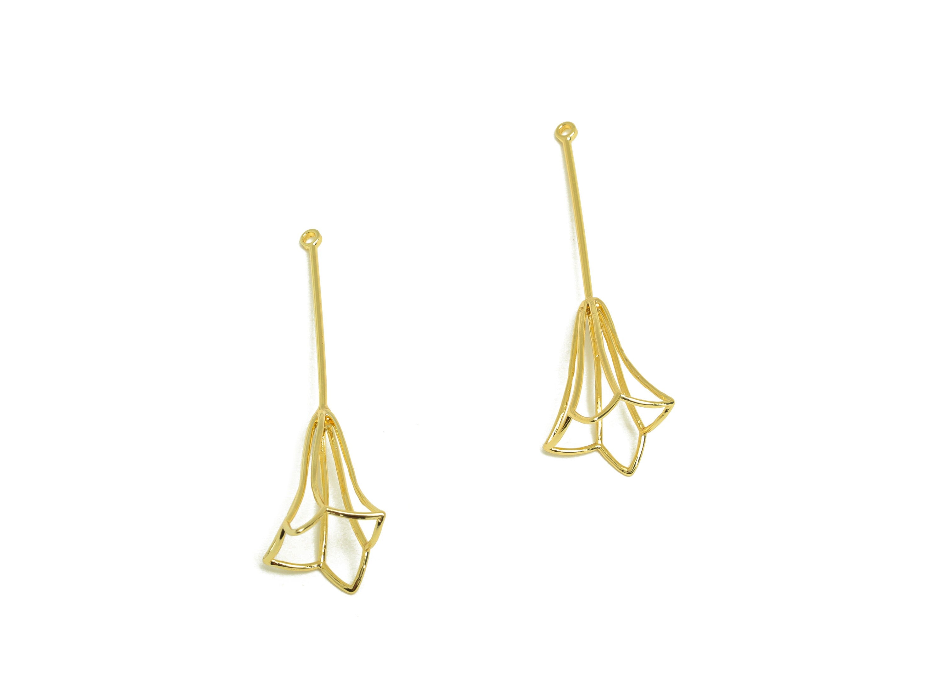 Brass Flower Earring Charm - Brass Wire Flower Earring Charm - Brass Hollow Earring For Pearl - 18K Real Gold Plating - 38x13x9mm - RGP6974 - DOMEDBAZAAR