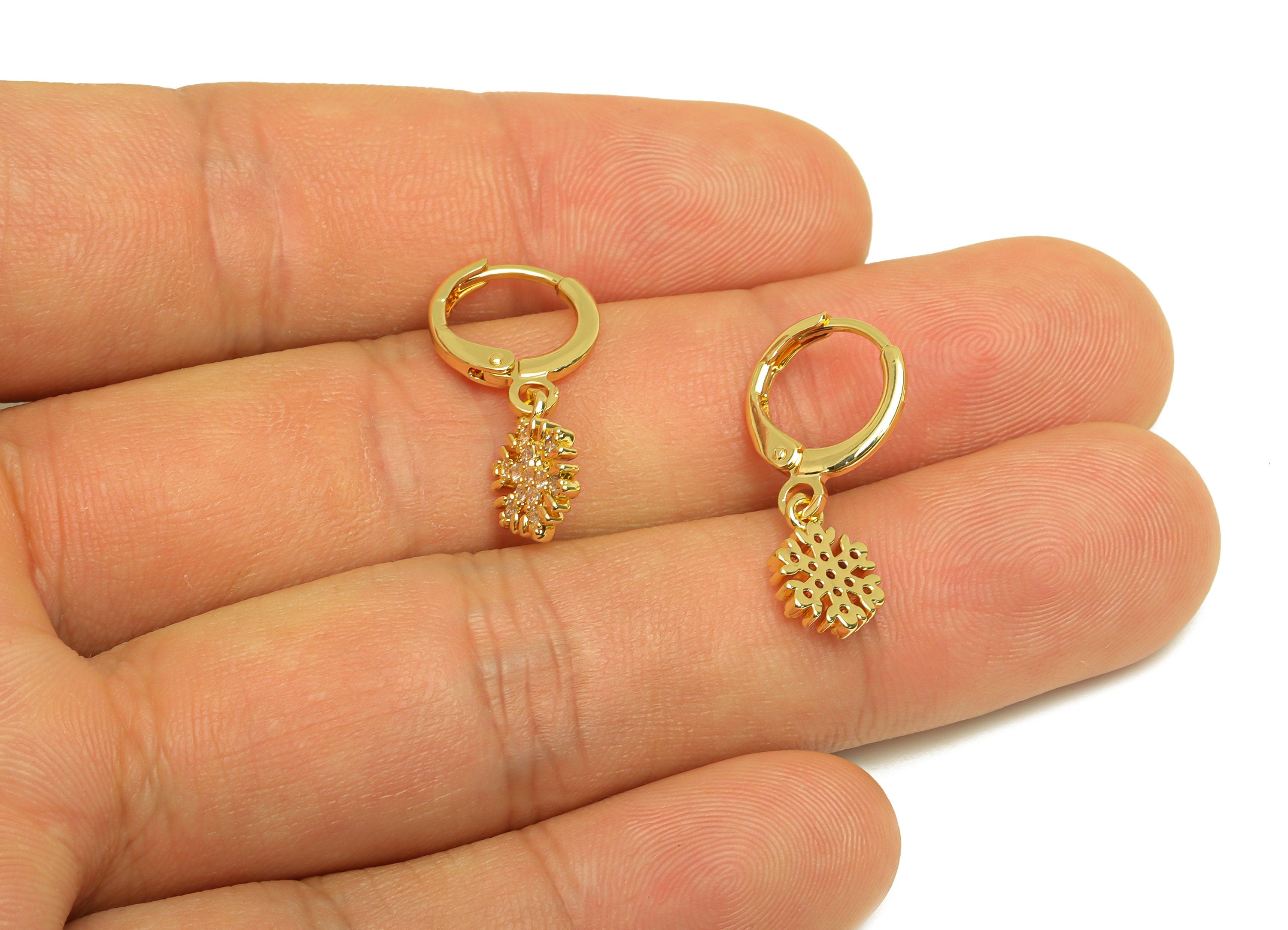 Brass CZ Hoop Earring - Brass Snowflake Lever Back Earring Hoop - Cubic Zircon Hoop Earring - 18K Real Gold Plating - 22x11x1.76mm -RGP6924 - DOMEDBAZAAR