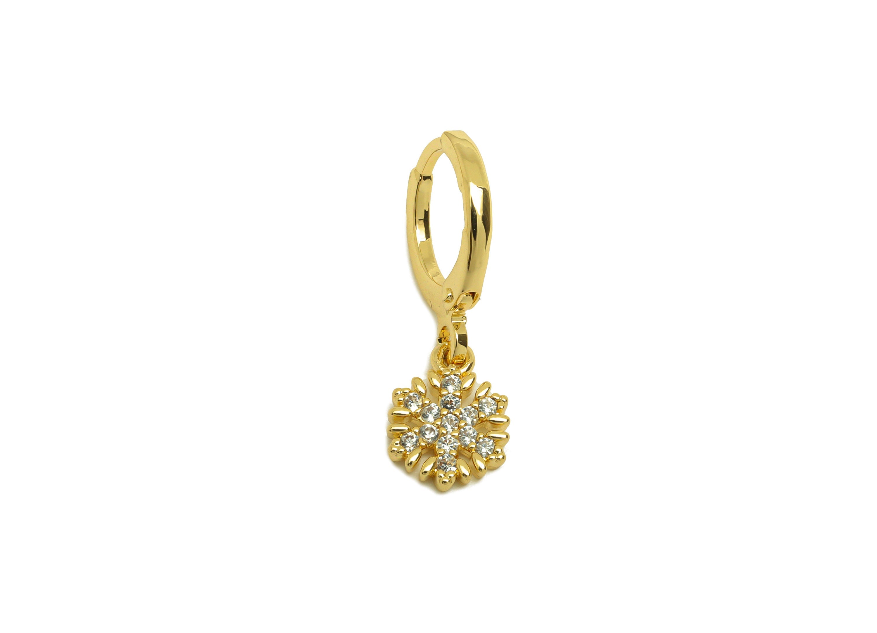 Brass CZ Hoop Earring - Brass Snowflake Lever Back Earring Hoop - Cubic Zircon Hoop Earring - 18K Real Gold Plating - 22x11x1.76mm -RGP6924 - DOMEDBAZAAR