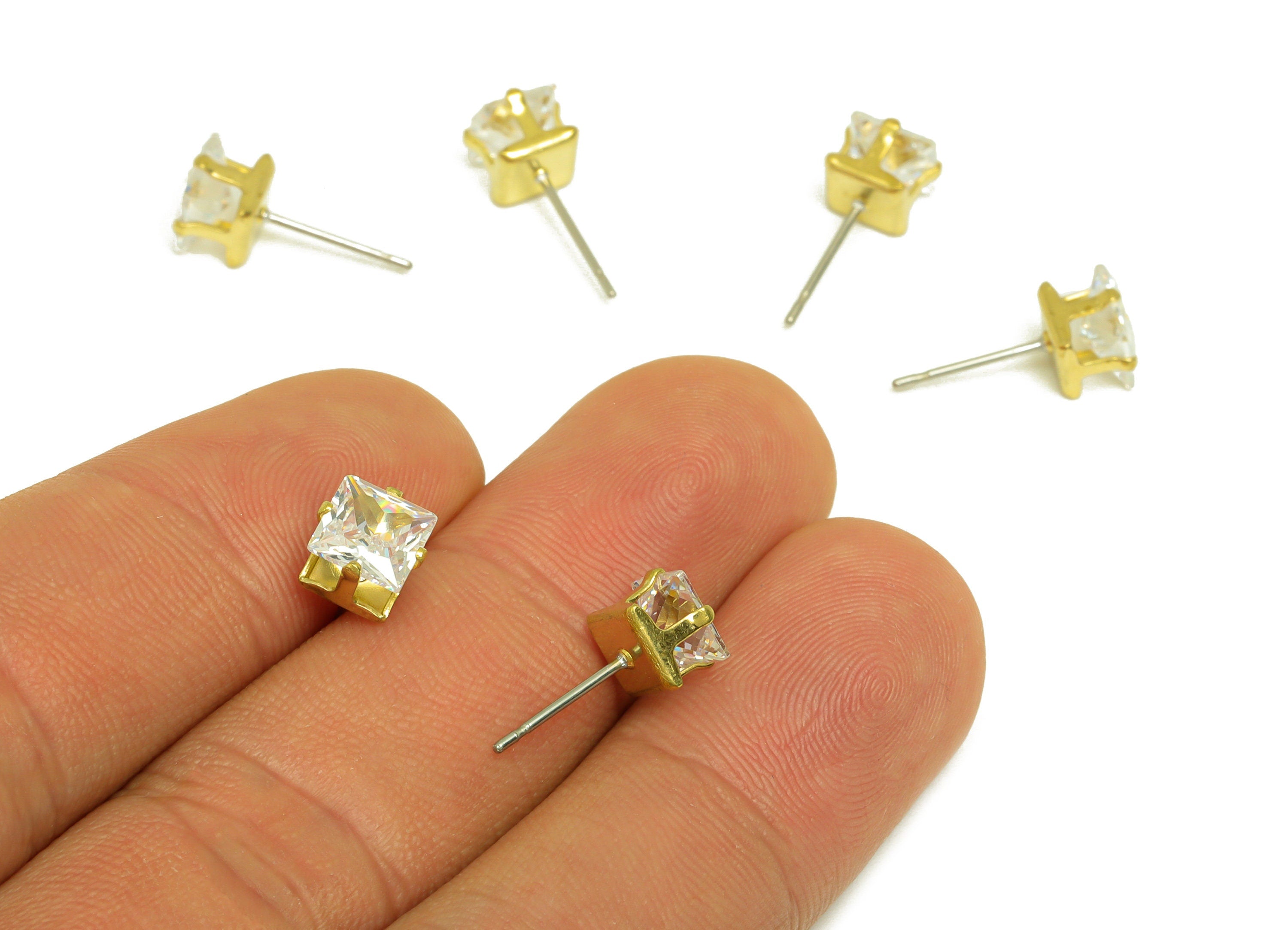 Brass CZ Earring Stud - Raw Brass Square Zircon Earring Post - Brass Cubic Zircon Earring Stud - Geometry CZ Post - 6x6x5mm - PP10538 - DOMEDBAZAAR