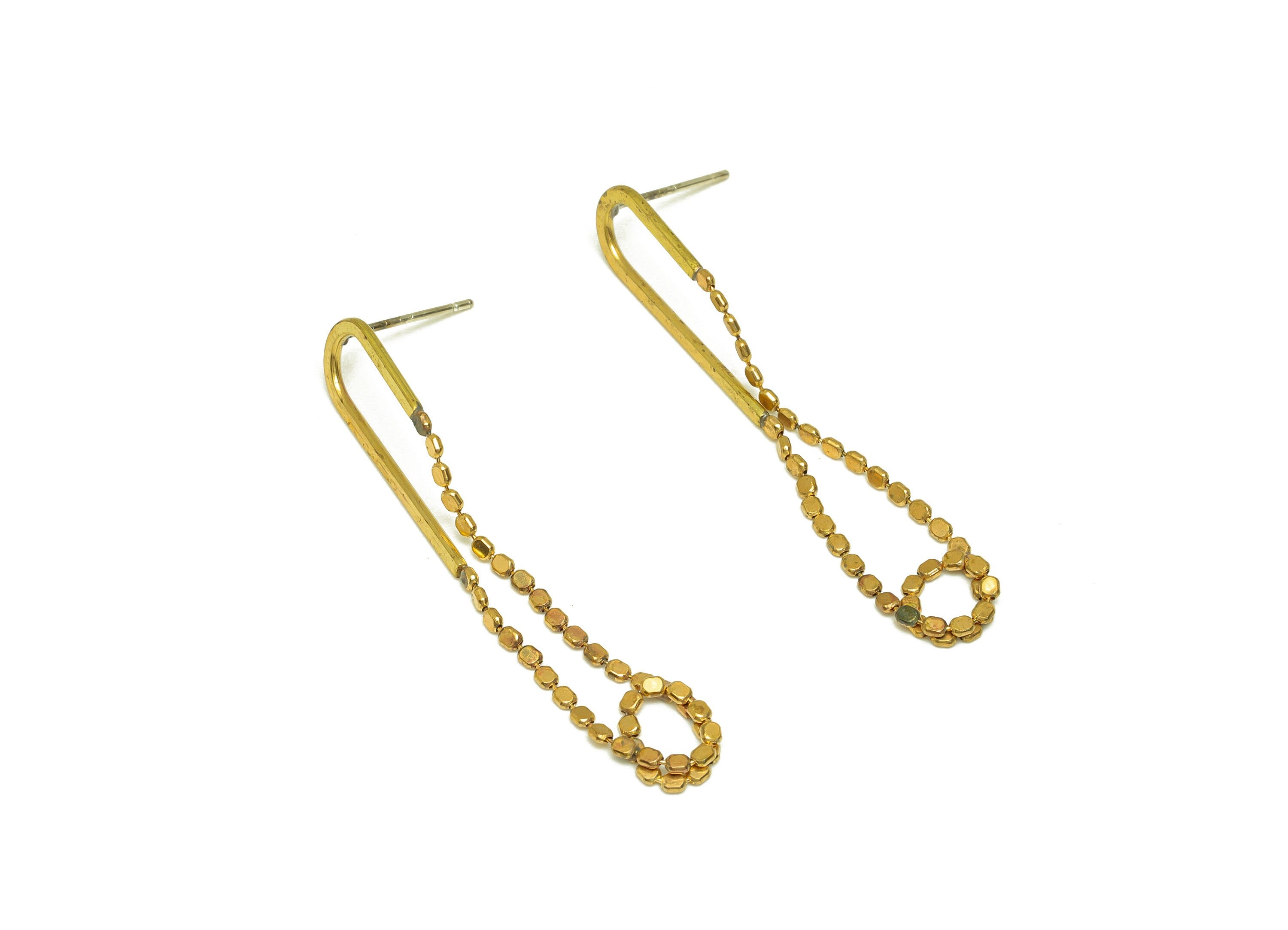 Brass Hoop Earring Stud - Raw Brass Hoop Chain Earring Post - Brass Beaded Chian Earring Stud - Brass Dangle Post - 44x7.9x1mm - PP10600 - DOMEDBAZAAR