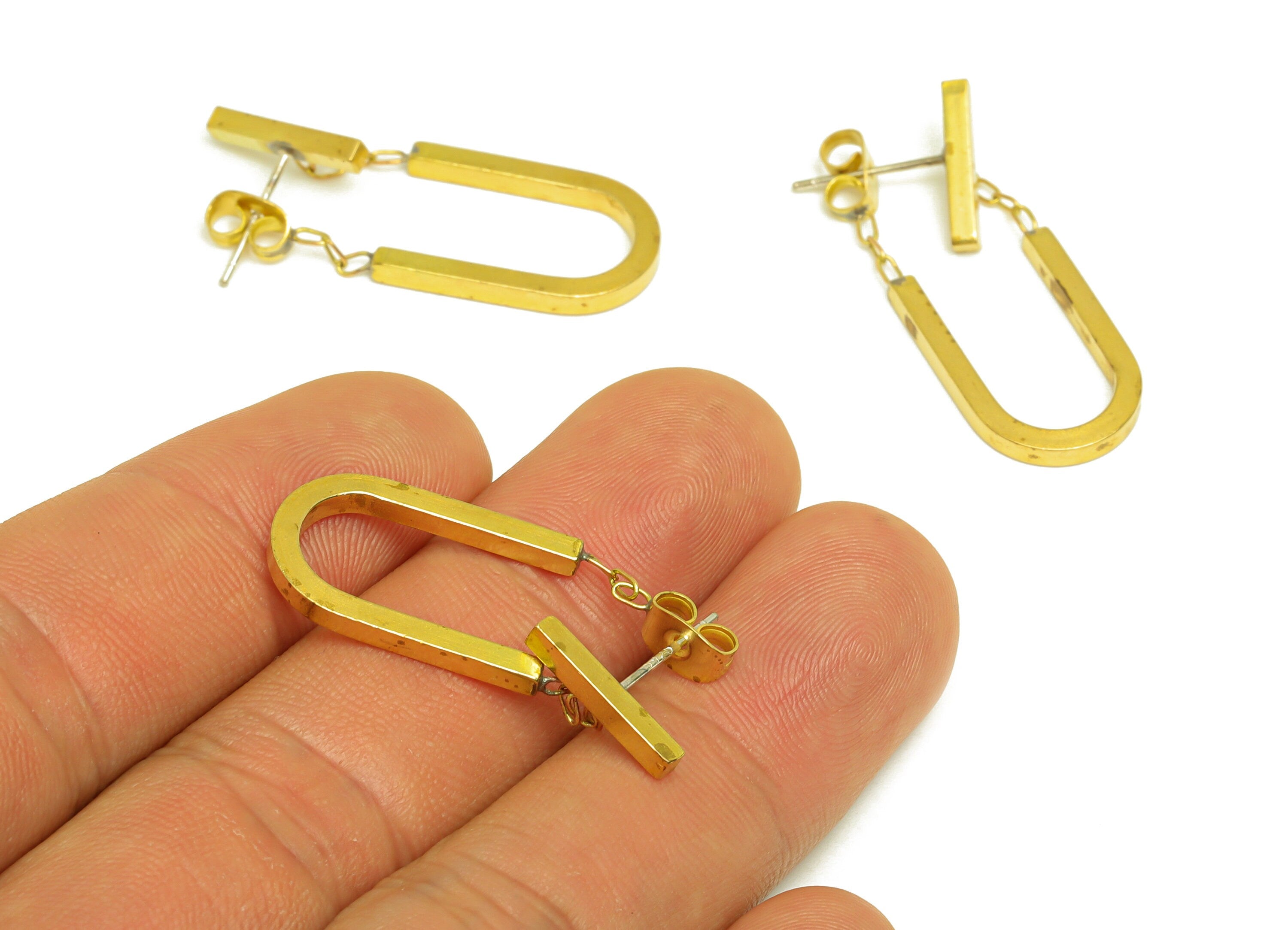 Brass Hoop Earring Stud - Raw Brass Hoop Stick Earring Post - Brass U Chian Earring Stud - Brass Dangle Post - 30x13x2mm - PP10596 - DOMEDBAZAAR