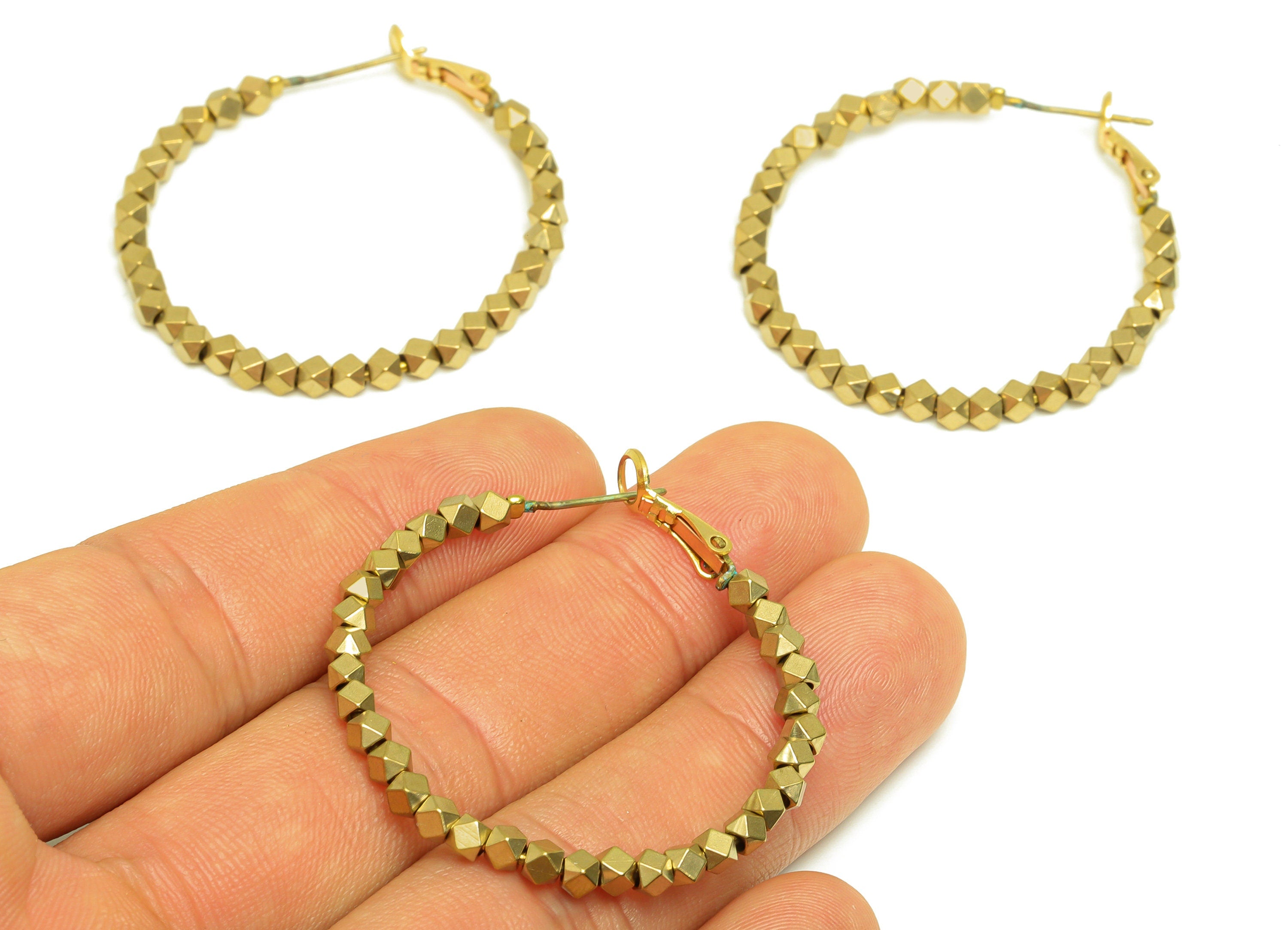 Brass Hoop Earring - Raw Brass Clasp Back Beaded Earring - Brass Hoop Clasp Earring - Brass Faceted Bead Clasp - 40x38x2.94mm - PP10542 - DOMEDBAZAAR