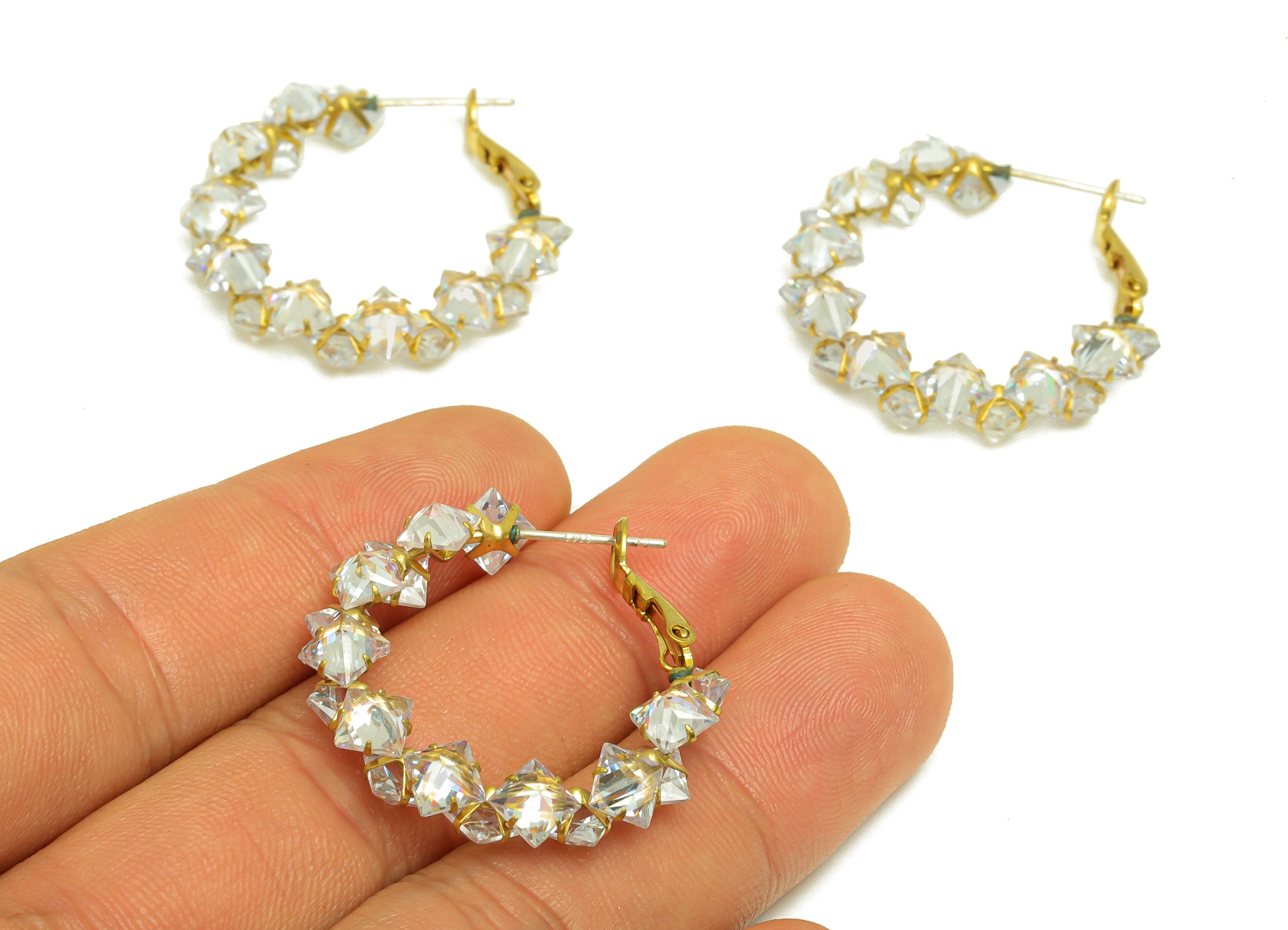 Brass CZ Hoop Earring - Raw Brass Clasp Faceted Zircon Earring - Brass Hoop Clasp Earring - Cubic Zircon Clasp - 34x31x4.3mm - PP10564 - DOMEDBAZAAR