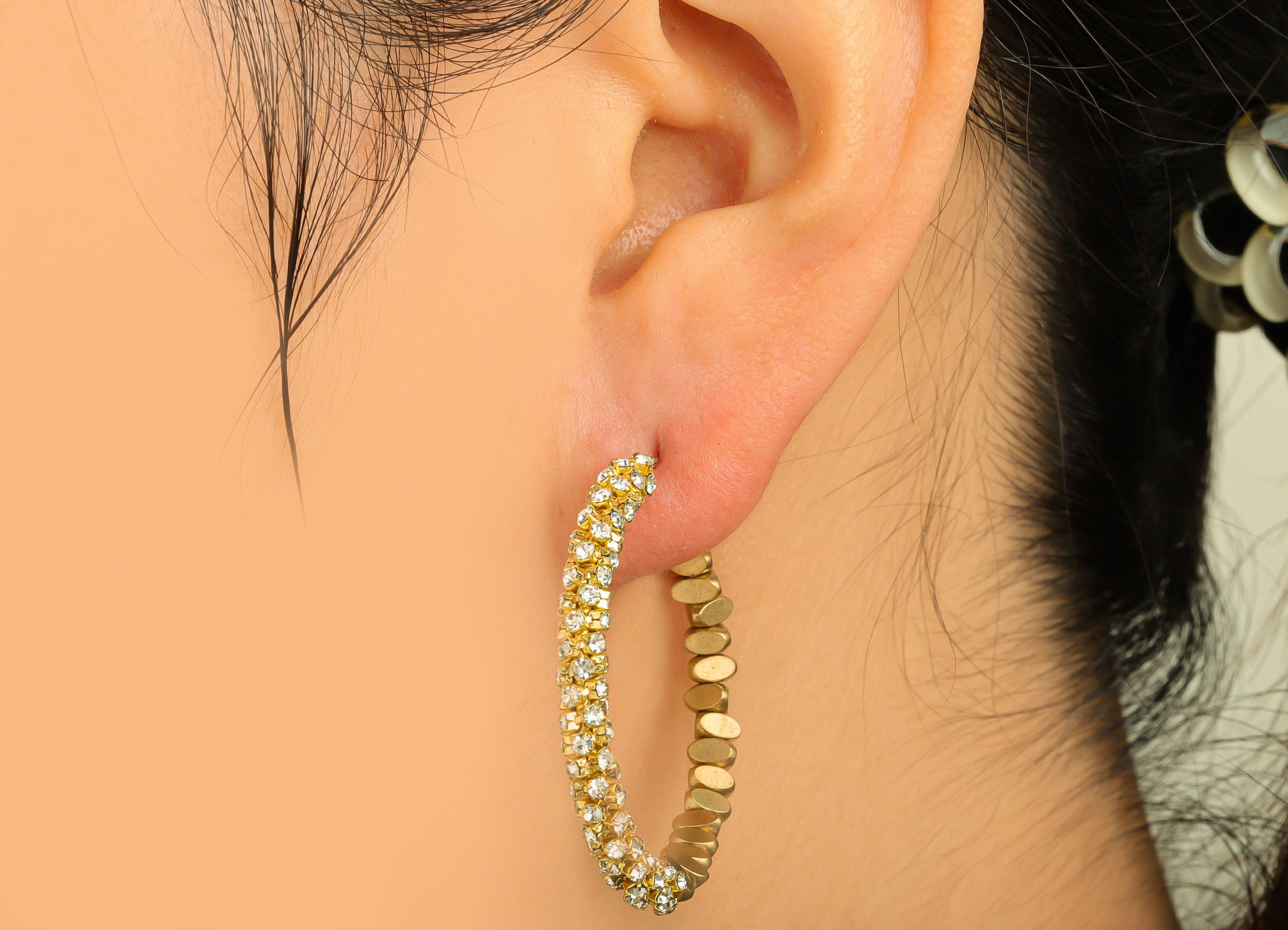 Brass CZ Hoop Earring - Raw Brass Clasp Chian Zircon Earring - Brass Beaded Hoop Clasp Earring - Cubic Zircon Clasp - 36x34x4.5mm - PP10595 - DOMEDBAZAAR