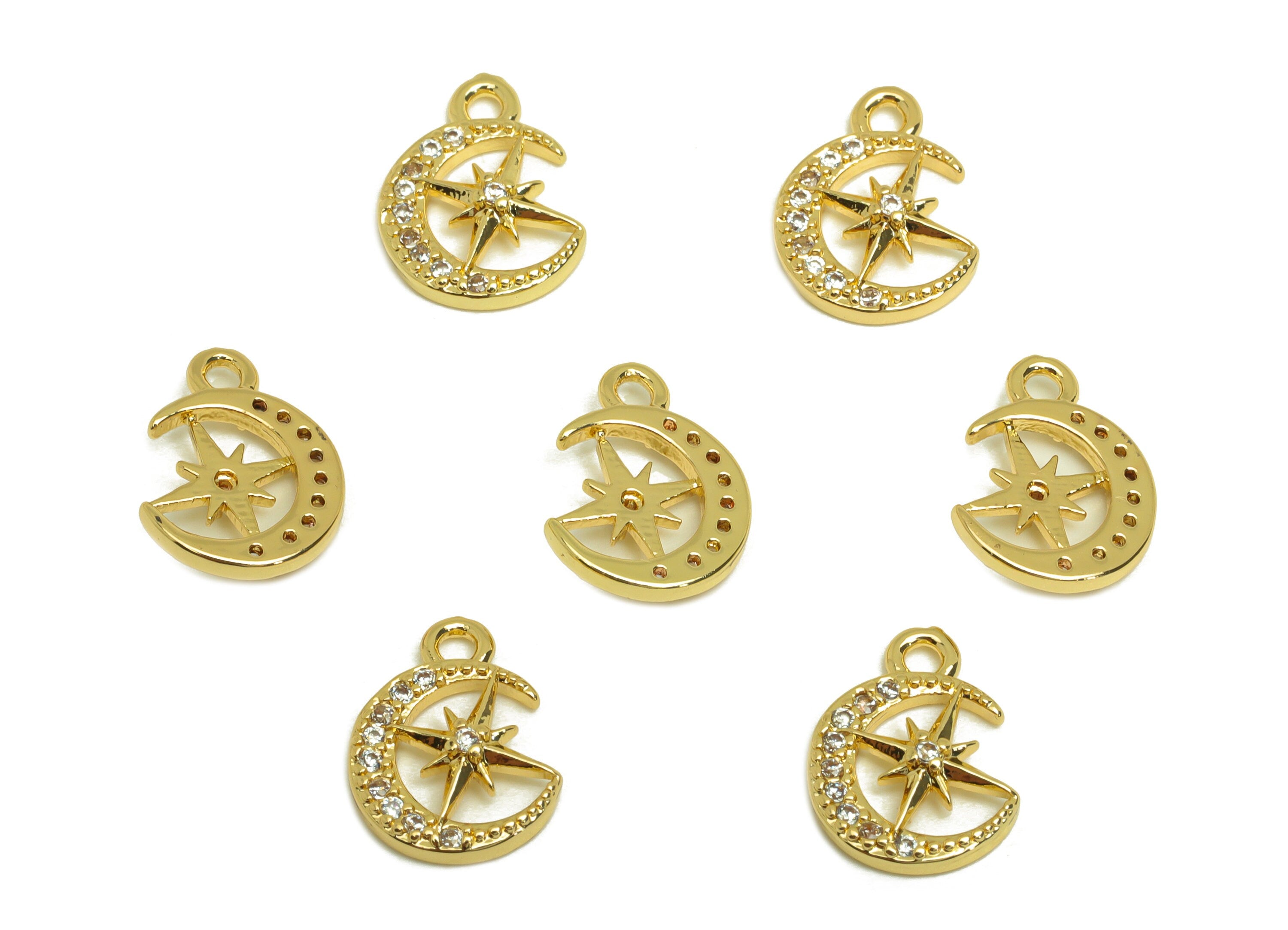 Brass Crescent Earring Charm - Brass Cubic Zircon Earring Charm - Brass North Star Earring Charm - 18K Real Gold Plating - 12x8x2mm -RGP6952 - DOMEDBAZAAR