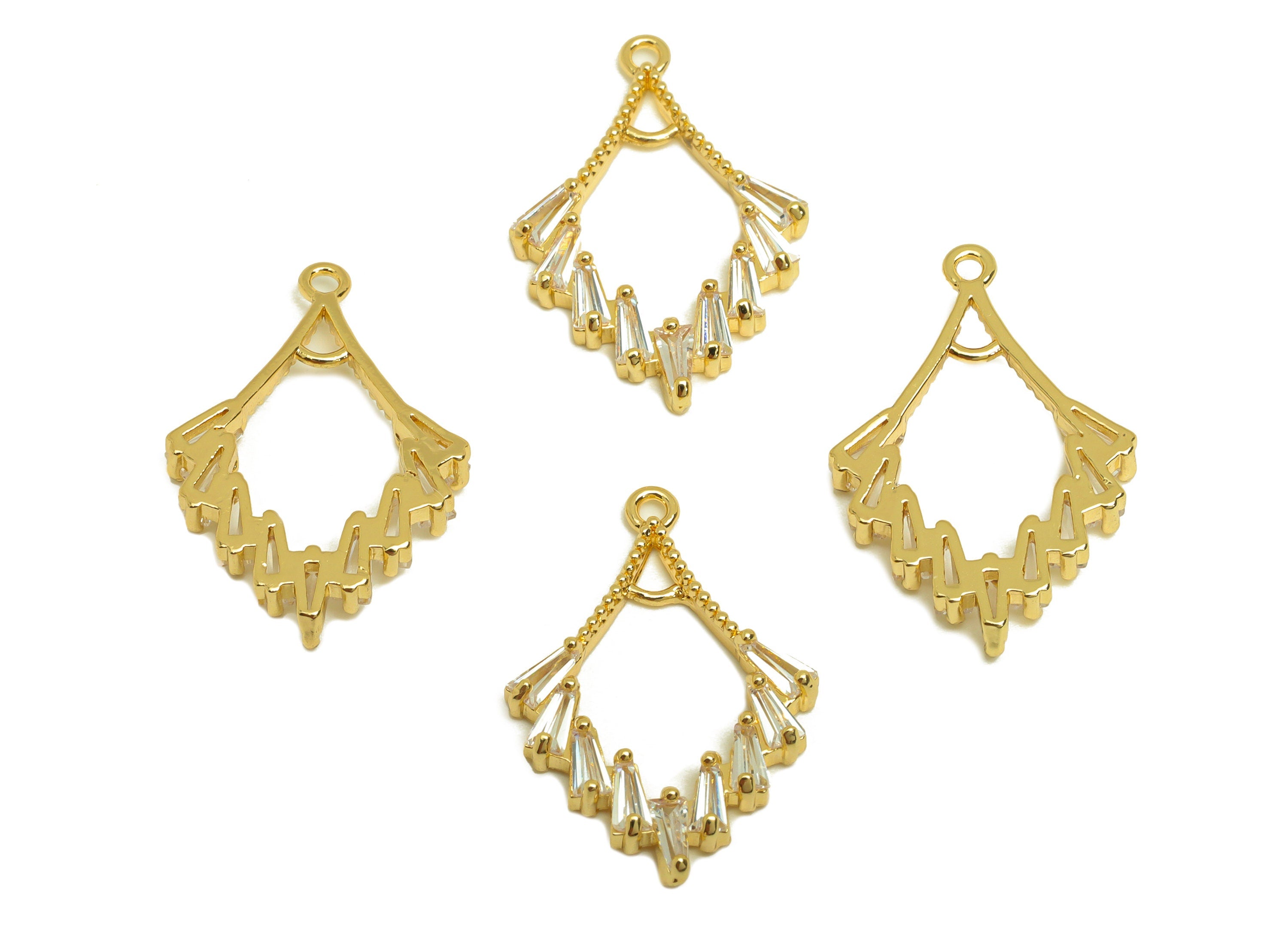 Brass Fan Earring Charm - Brass Cubic Zircon Earring Charm - Brass Textured Fan Pendant - 18K Real Gold Plating - 22x14x2mm - RGP6920 - DOMEDBAZAAR