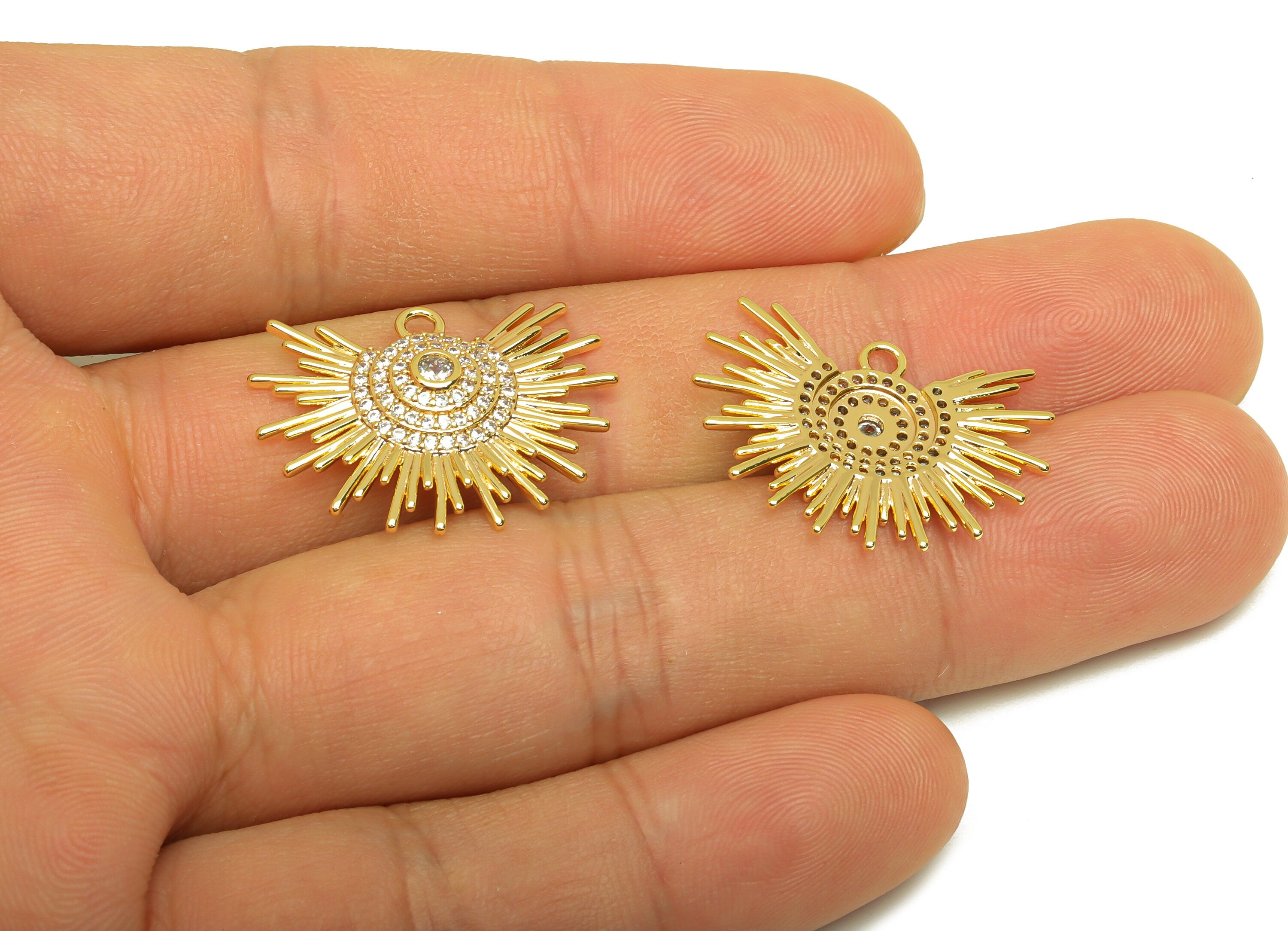 Brass Sunshine Earring Charm - Brass Cubic Zircon Earring Charm - Brass Textured Sun Pendant - 18K Real Gold Plating - 18.9x25x3mm - RGP6975 - DOMEDBAZAAR