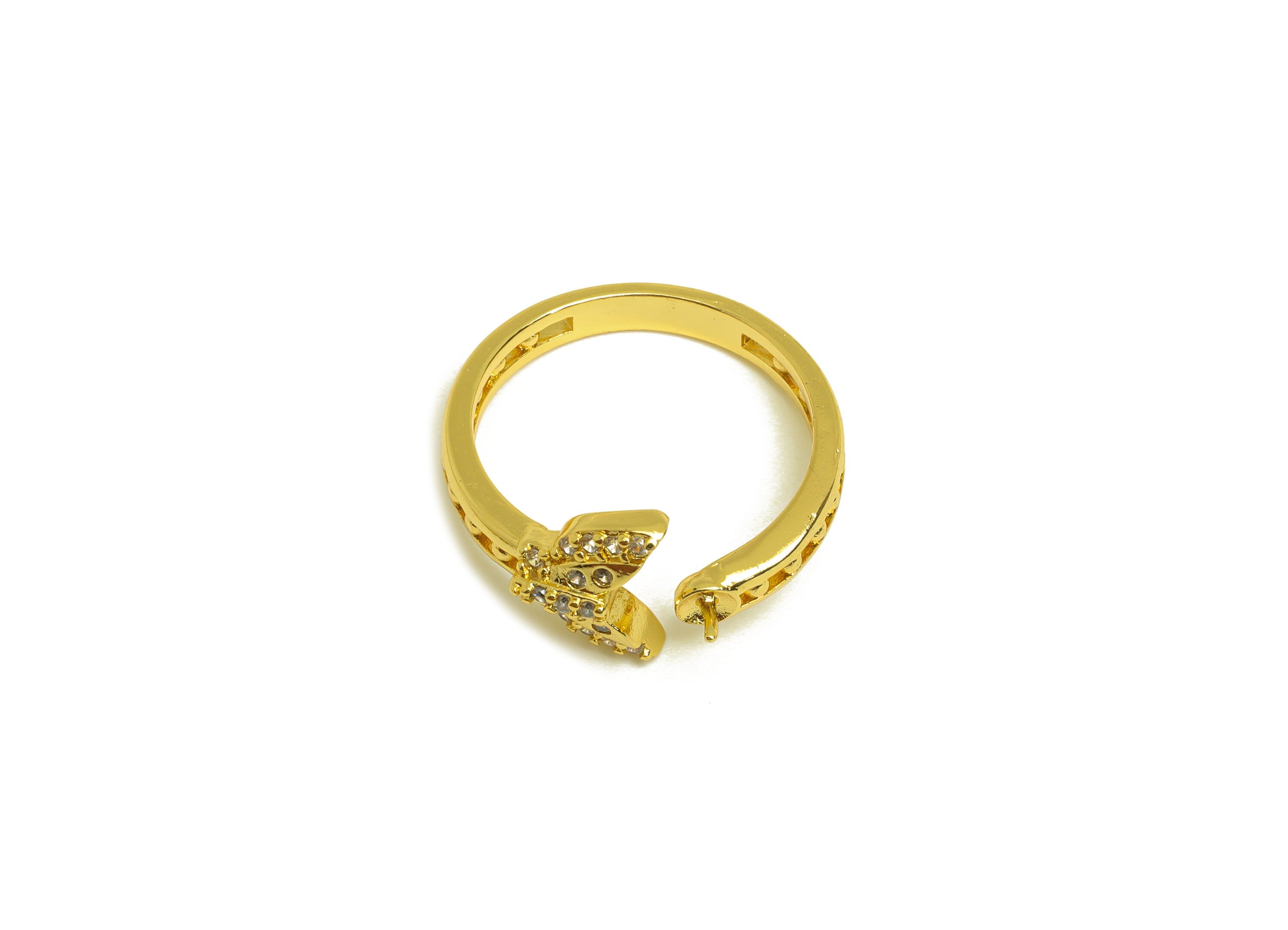 Brass Adjustable CZ Ring - Brass Butterfly Ring Settings - Brass Cubic Zircon Rings For Pearl - 18K Real Gold Plating - 21.7x9x2mm - RGP6981 - DOMEDBAZAAR