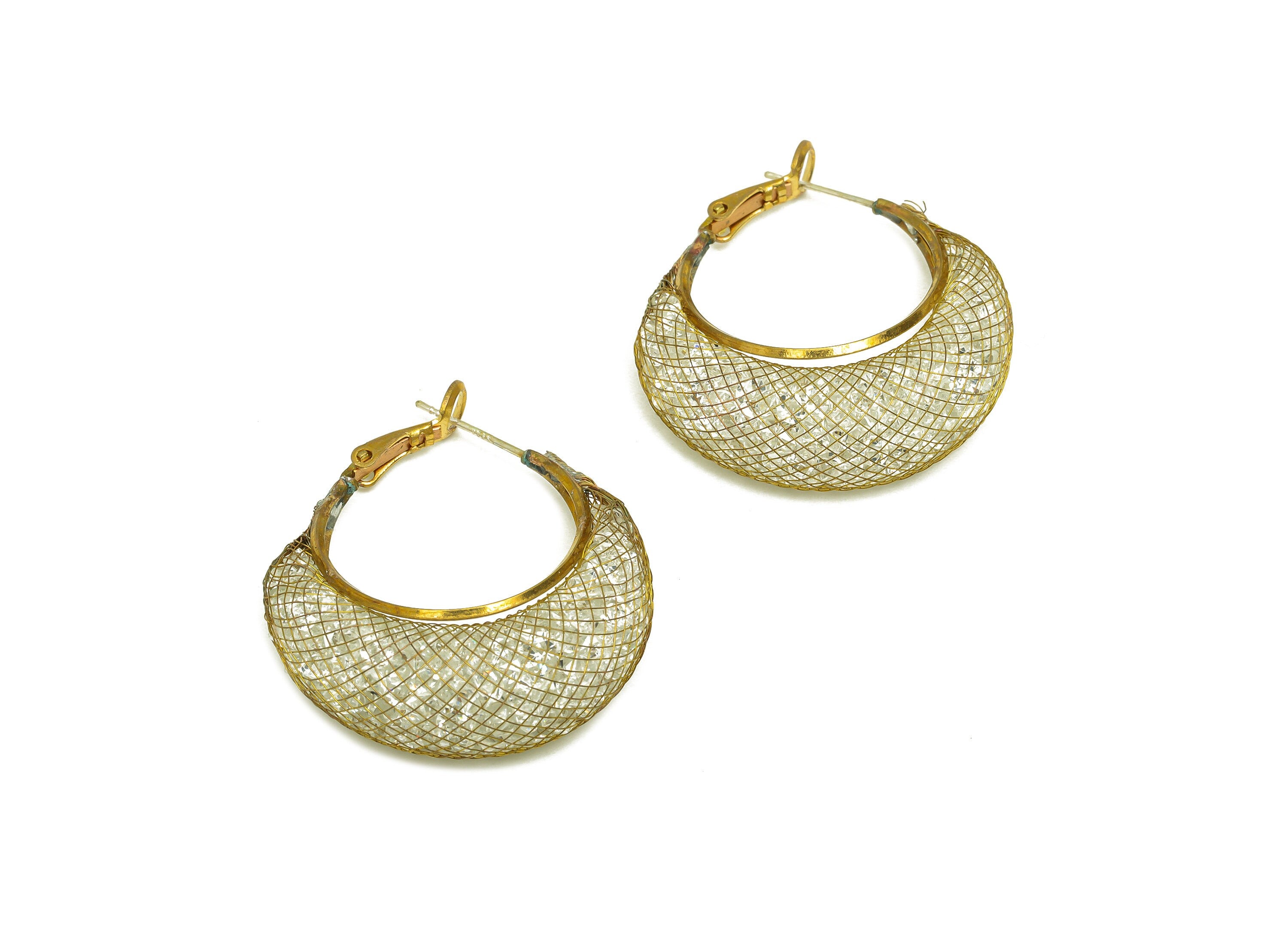 Brass CZ Hoop Earring - Raw Brass Crescent Clasp Zircon Earring - Brass Mesh Zircon Hoop Earring - Cubic Zircon Clasp - 38x32x11mm - PP10566 - DOMEDBAZAAR