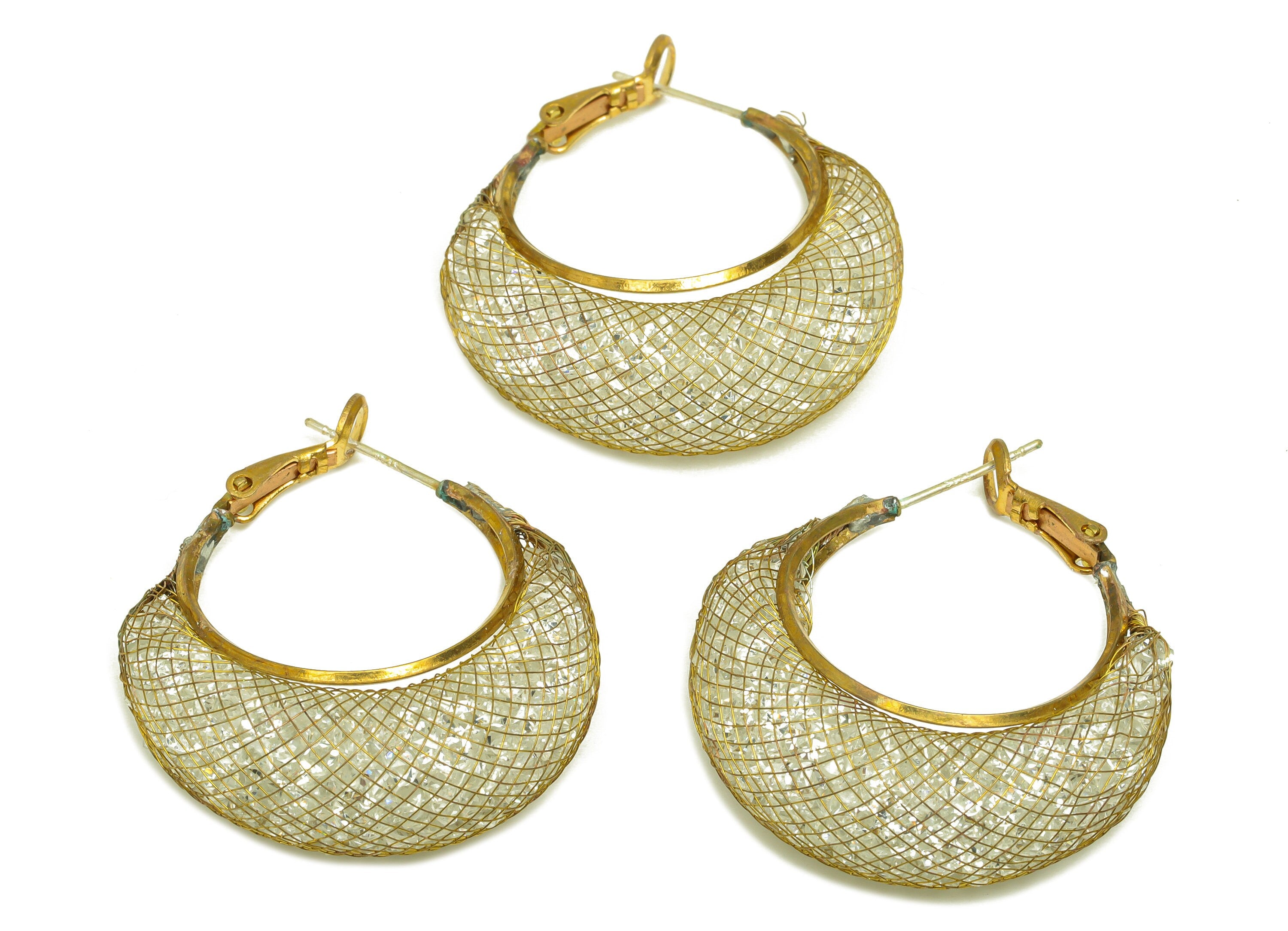 Brass CZ Hoop Earring - Raw Brass Crescent Clasp Zircon Earring - Brass Mesh Zircon Hoop Earring - Cubic Zircon Clasp - 38x32x11mm - PP10566 - DOMEDBAZAAR