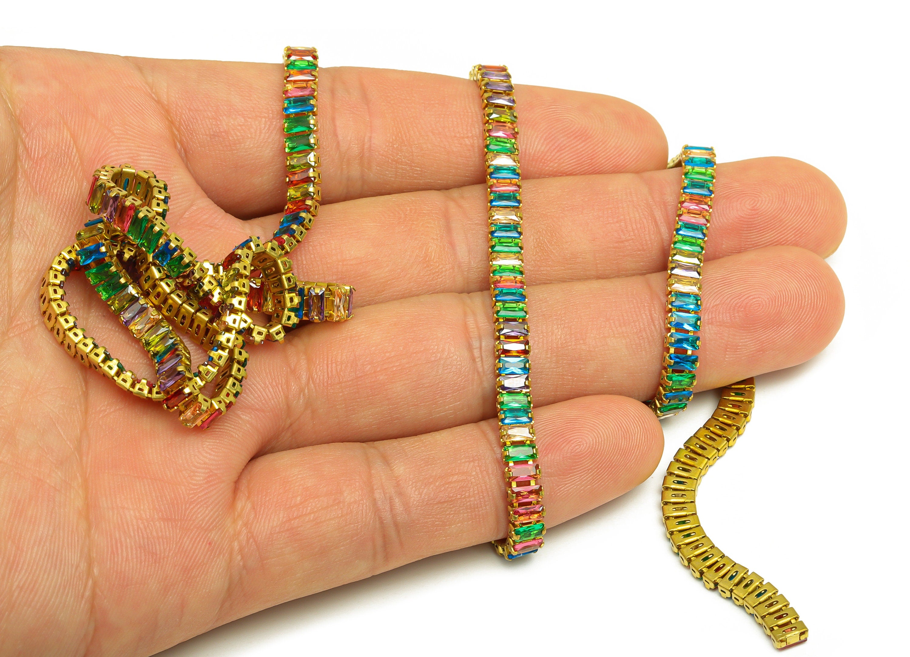2*4mm Rectangular Zircon Brass Chain - Raw Brass Mix Color Cubic Zircon Bracelet Chain - Rainbow CZ Claw Chain - DIY Chain - 2x4mm - RGP6908 - DOMEDBAZAAR