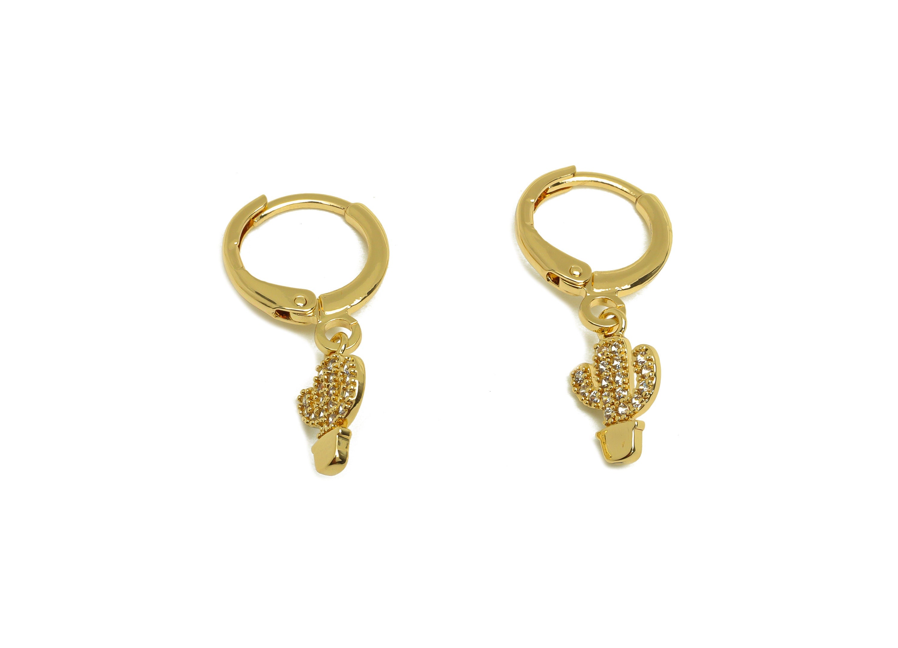 Brass CZ Hoop Earring - Brass Cactus Lever Back Earring Hoop - Brass Botanical Hoop Earring - 18K Real Gold Plating - 24x11x1mm- RGP6861 - DOMEDBAZAAR