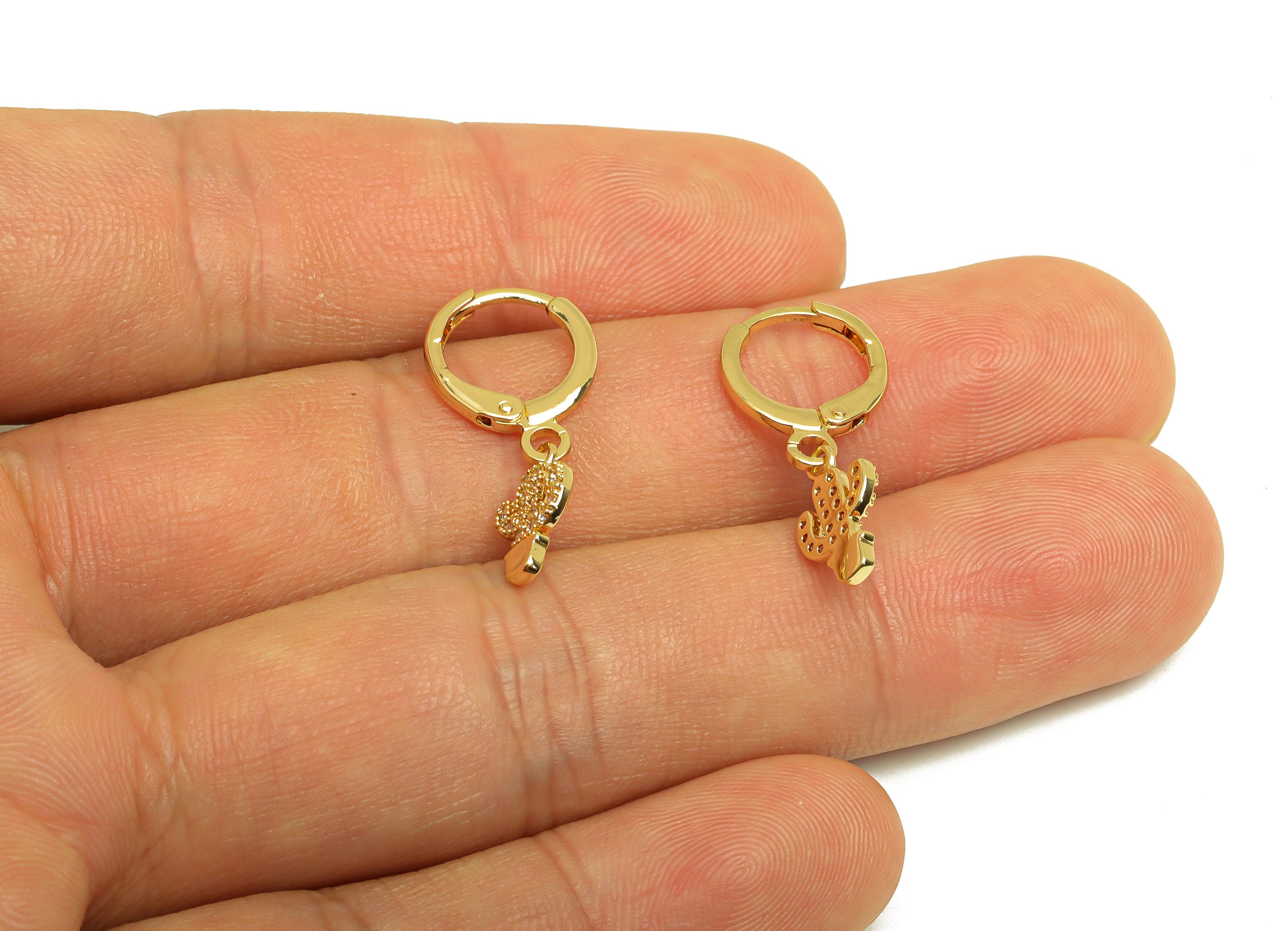 Brass CZ Hoop Earring - Brass Cactus Lever Back Earring Hoop - Brass Botanical Hoop Earring - 18K Real Gold Plating - 24x11x1mm- RGP6861 - DOMEDBAZAAR