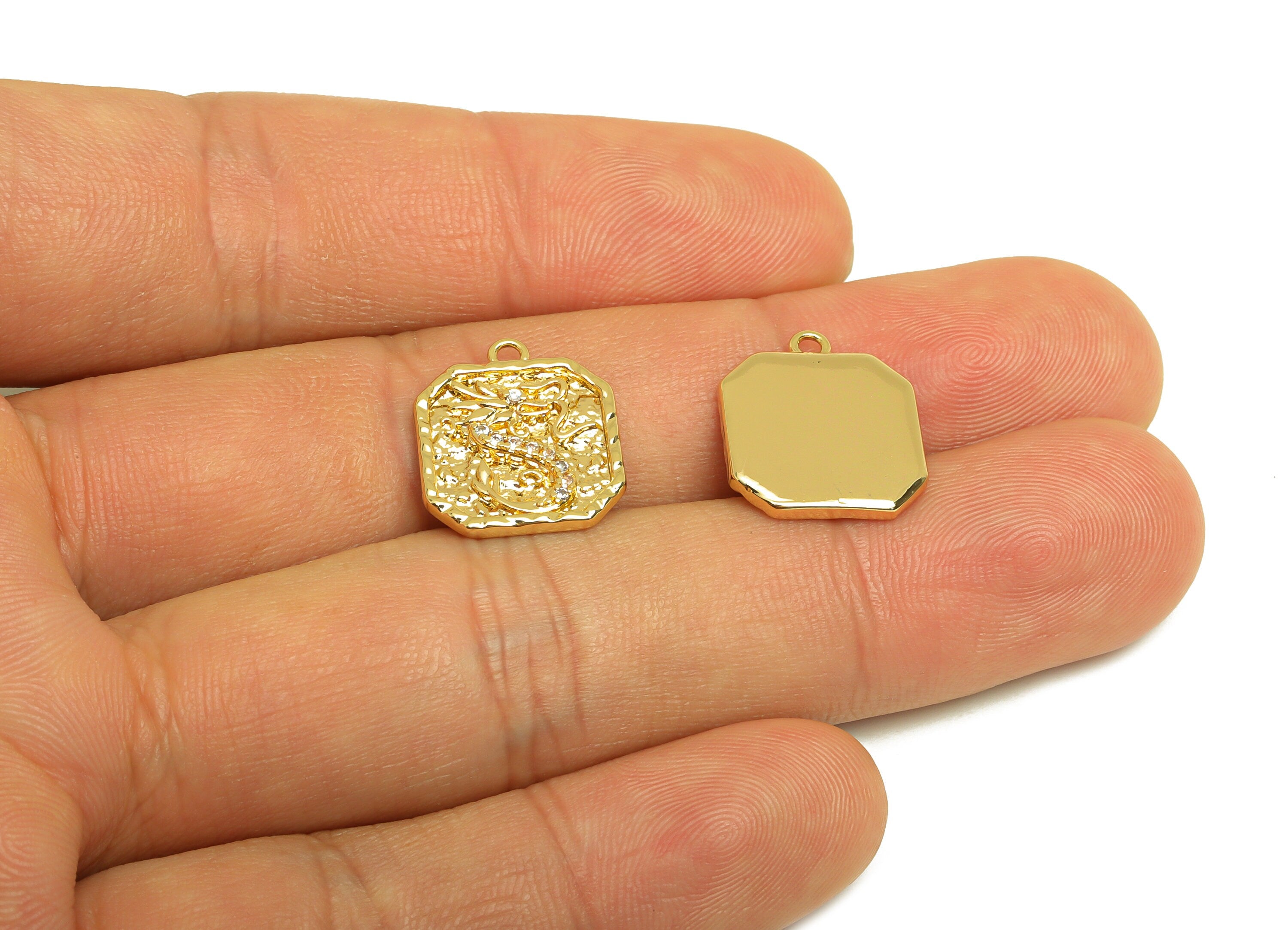 Brass Dragon Earring Charm - Brass Cubic Zircon Earring Charm - Brass Textured Earring Charm - 18K Real Gold Plating - 16x13x2mm - RGP6889 - DOMEDBAZAAR