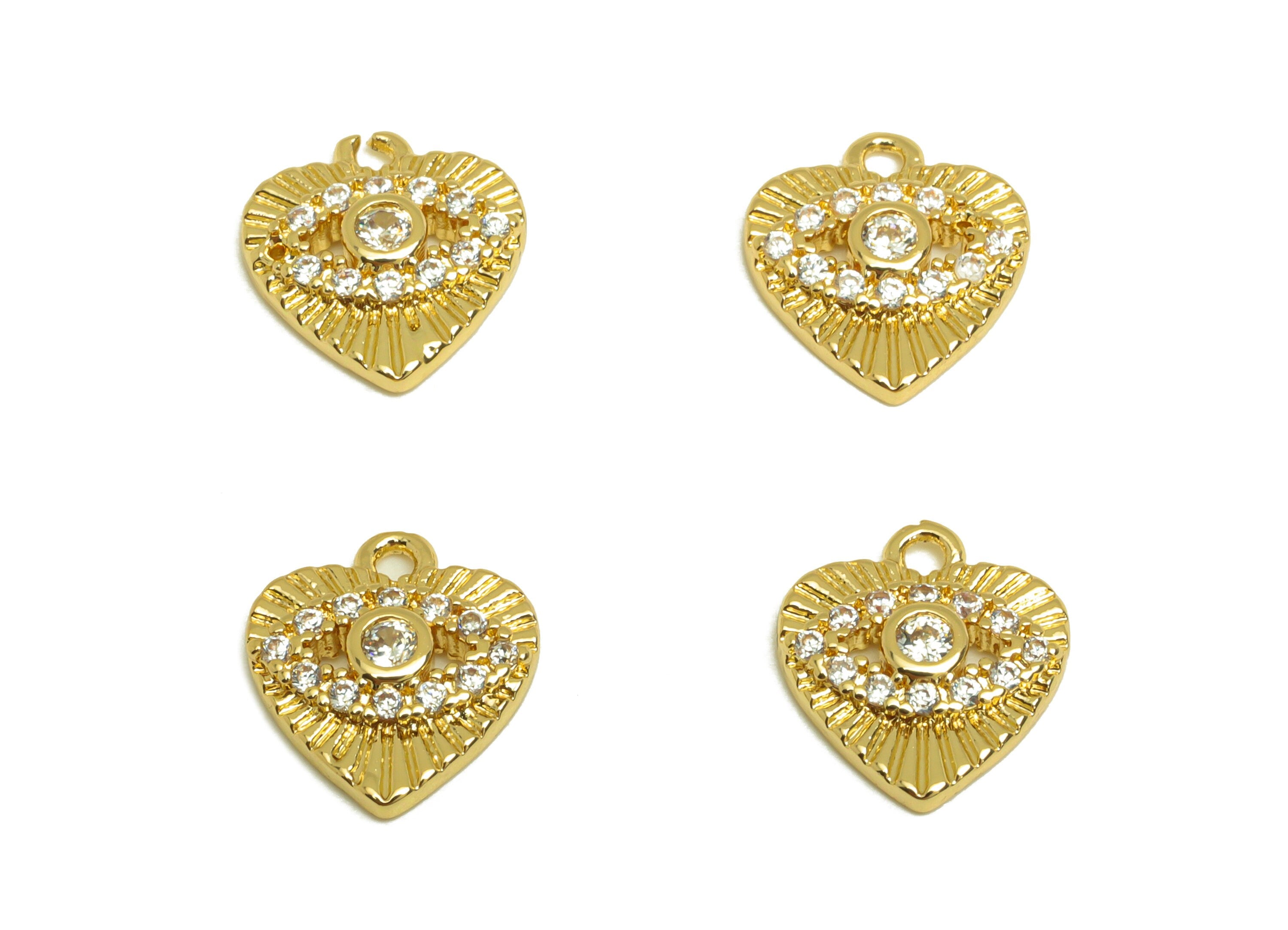 Brass Heart Earring Charm - Brass Cubic Zircon Earring Charm - Brass Eye Textured Earring Charm - 18K Real Gold Plating - 12x11x2mm- RGP6873 - DOMEDBAZAAR