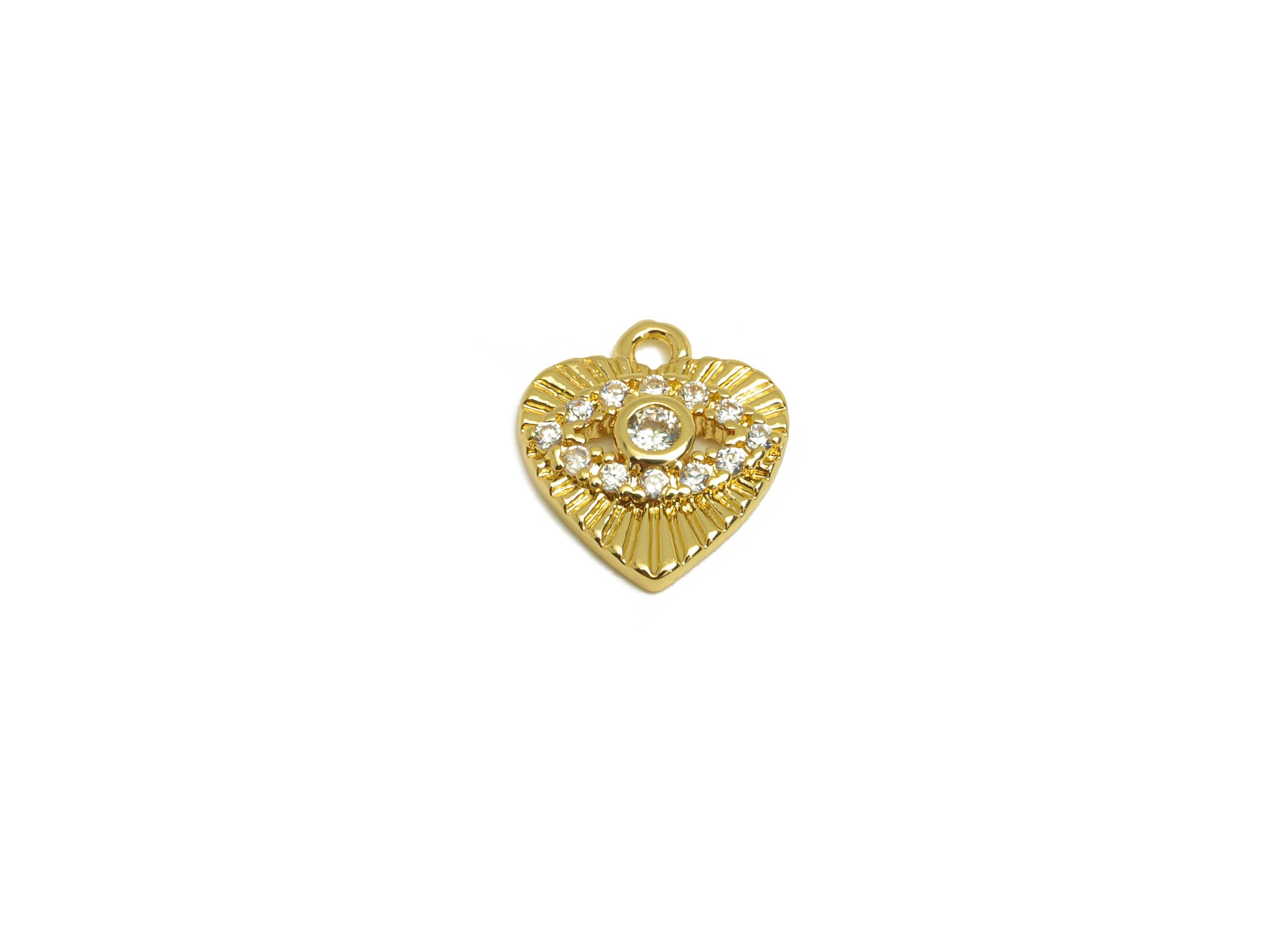 Brass Heart Earring Charm - Brass Cubic Zircon Earring Charm - Brass Eye Textured Earring Charm - 18K Real Gold Plating - 12x11x2mm- RGP6873 - DOMEDBAZAAR