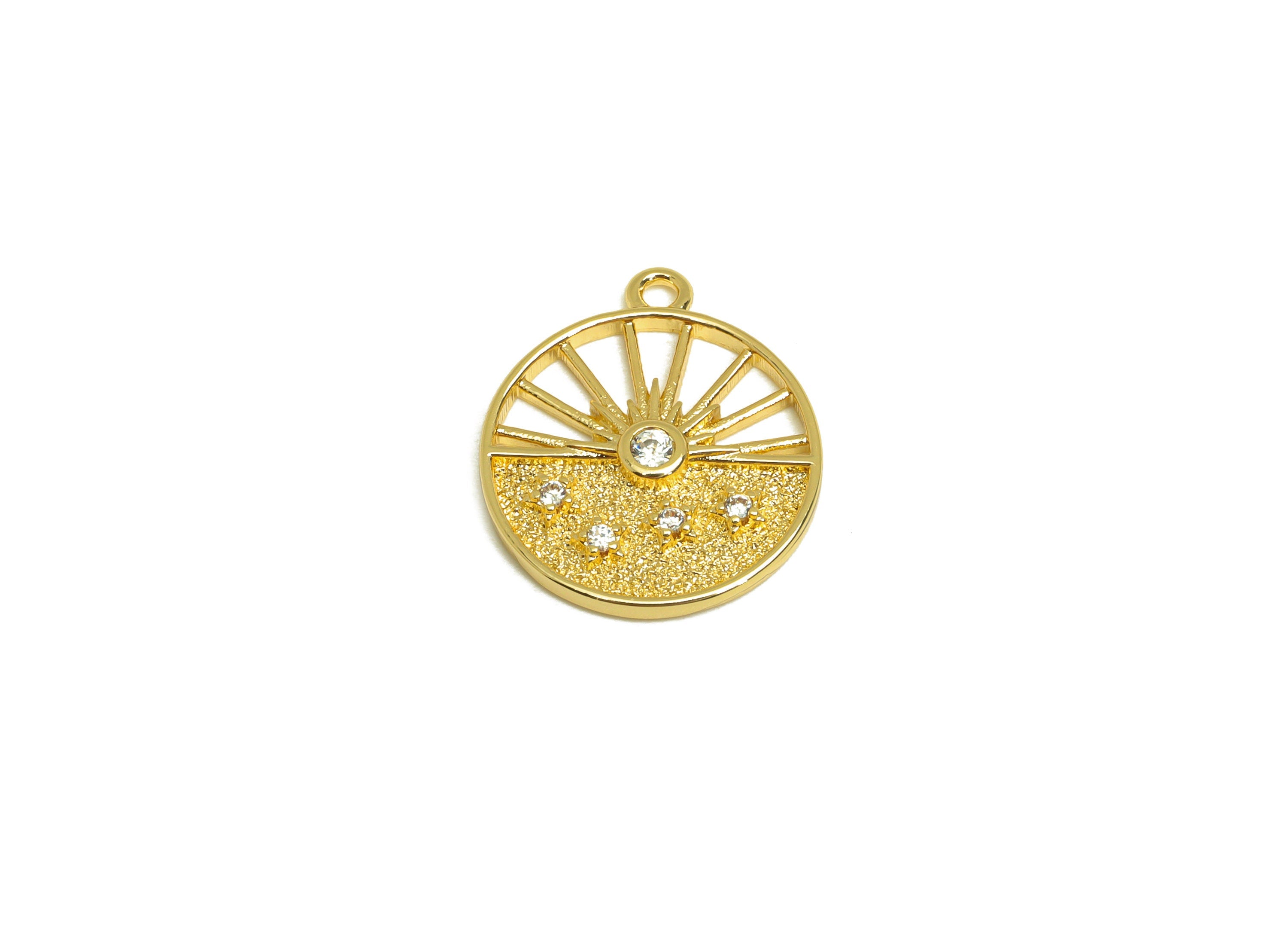 Brass Sunshine Earring Charm - Brass Cubic Zircon Earring Charm - Brass Star Textured Charm - 18K Real Gold Plating - 17x14x2mm - RGP6867 - DOMEDBAZAAR