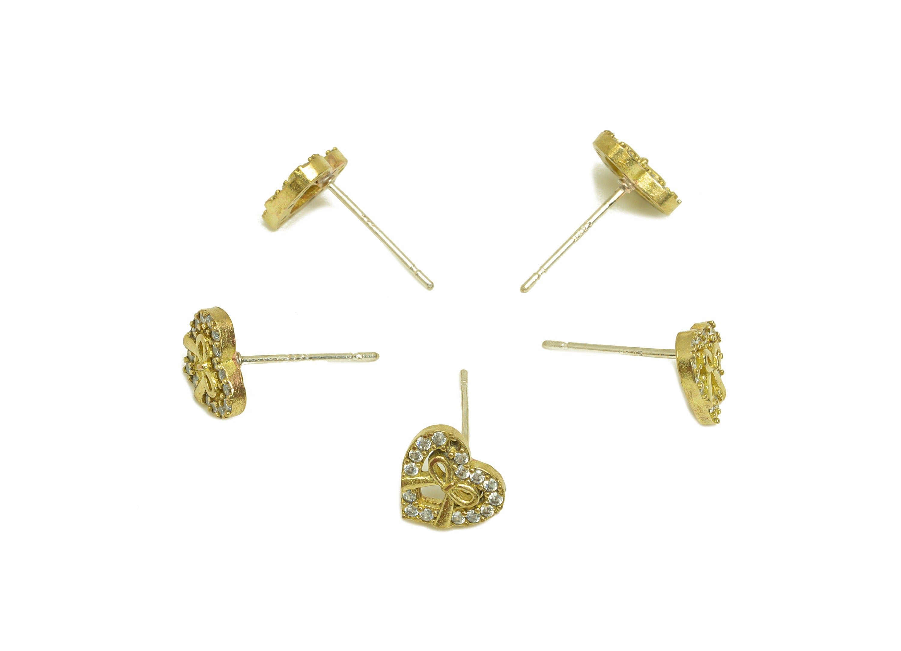 Brass CZ Heart Earring Stud - Raw Brass Bow Earring Post - Brass Cubic Zircon Heart Earring Stud - Butterfly Bow Post - 8.68x7x2mm - PP10654 - DOMEDBAZAAR