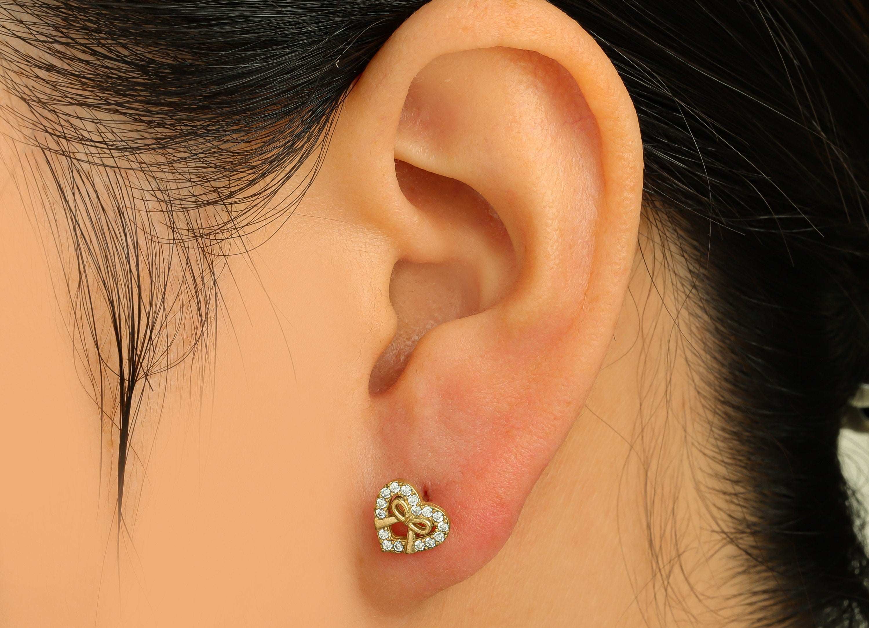 Brass CZ Heart Earring Stud - Raw Brass Bow Earring Post - Brass Cubic Zircon Heart Earring Stud - Butterfly Bow Post - 8.68x7x2mm - PP10654 - DOMEDBAZAAR