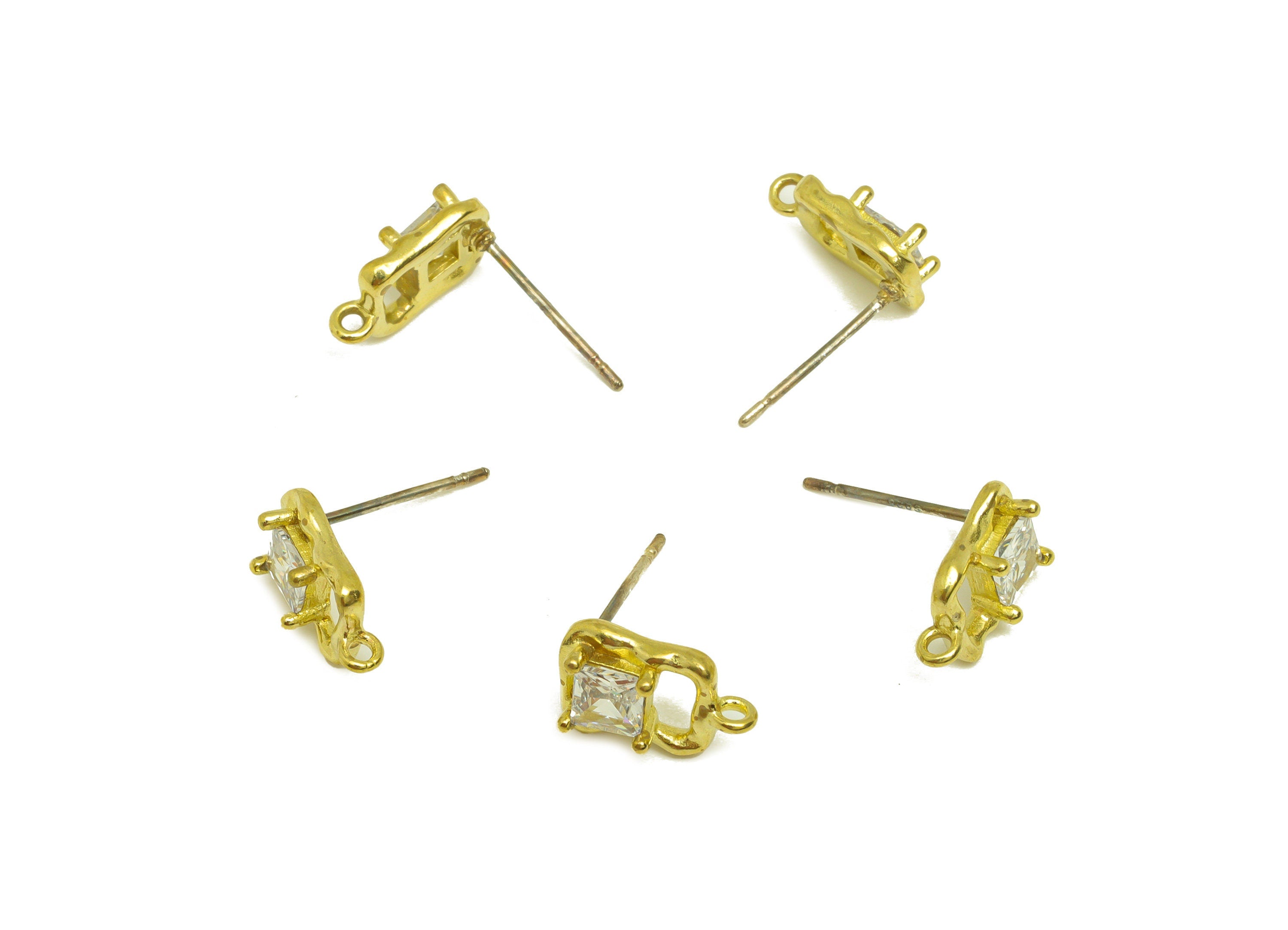 Brass CZ Rectangle Earring Stud - Raw Brass Textured Earring Post With Loop - Cubic Zircon Earring Stud - Square Post - 11x7x3mm - PP10644 - DOMEDBAZAAR