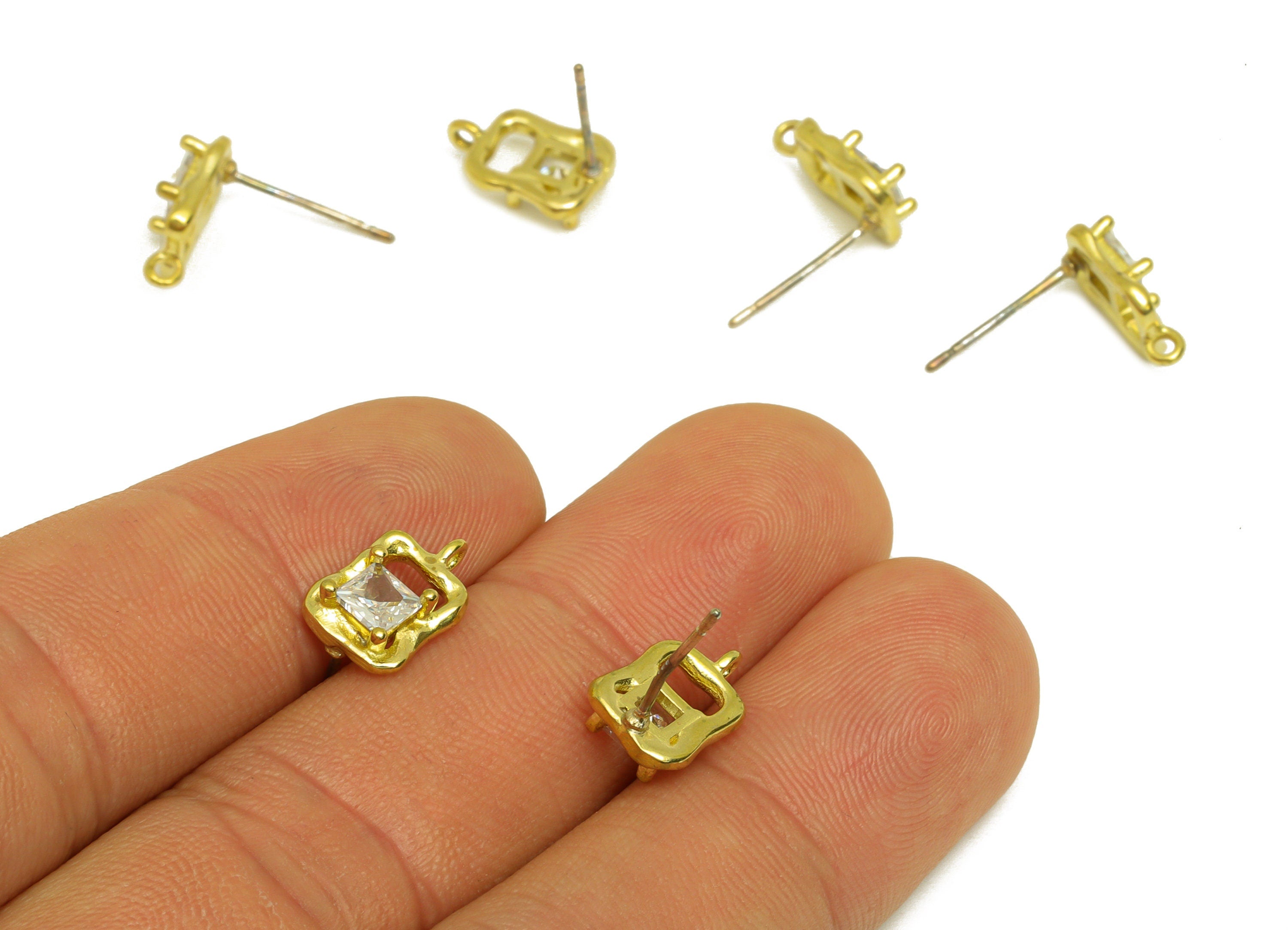 Brass CZ Rectangle Earring Stud - Raw Brass Textured Earring Post With Loop - Cubic Zircon Earring Stud - Square Post - 11x7x3mm - PP10644 - DOMEDBAZAAR