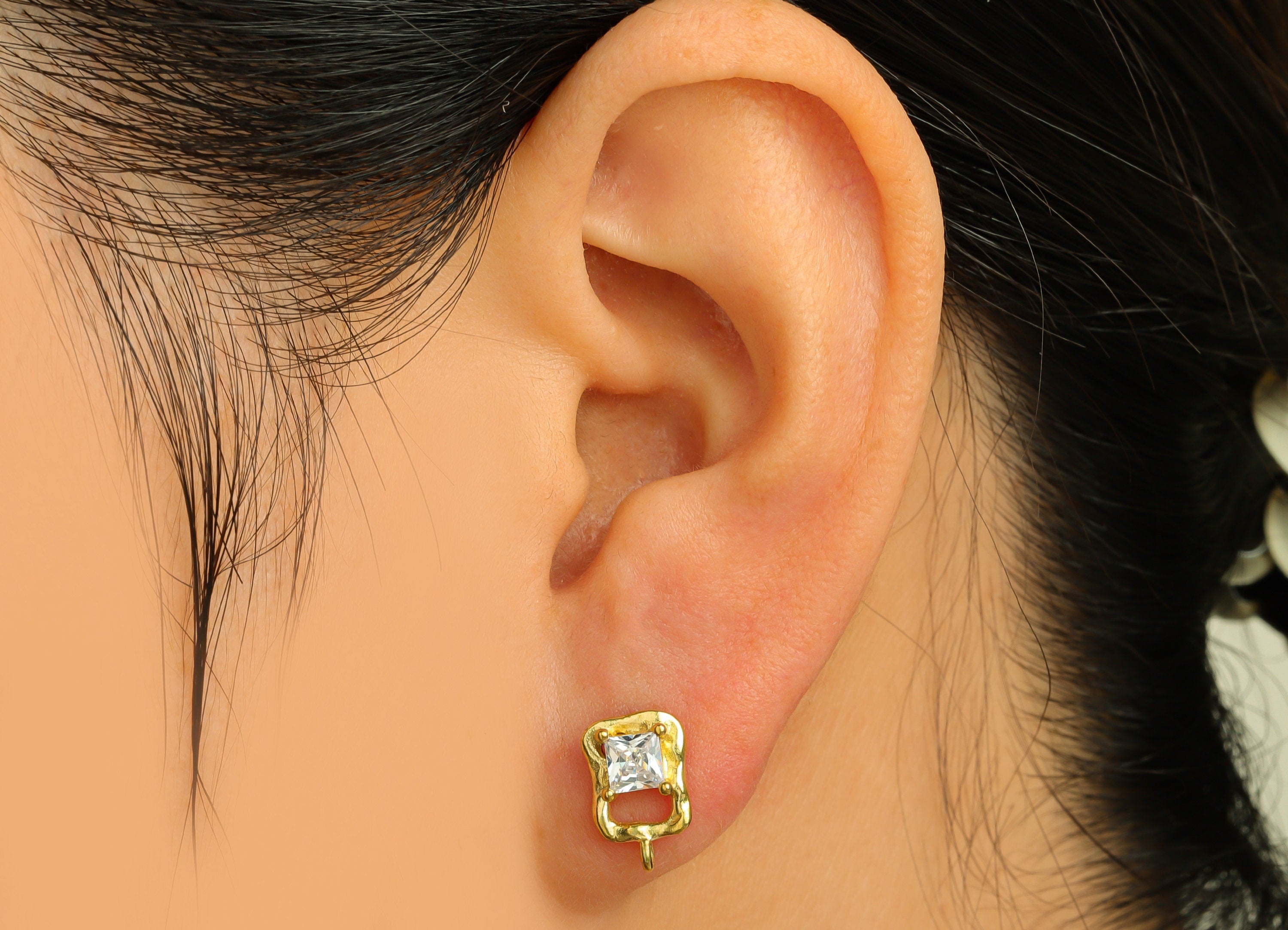 Brass CZ Rectangle Earring Stud - Raw Brass Textured Earring Post With Loop - Cubic Zircon Earring Stud - Square Post - 11x7x3mm - PP10644 - DOMEDBAZAAR