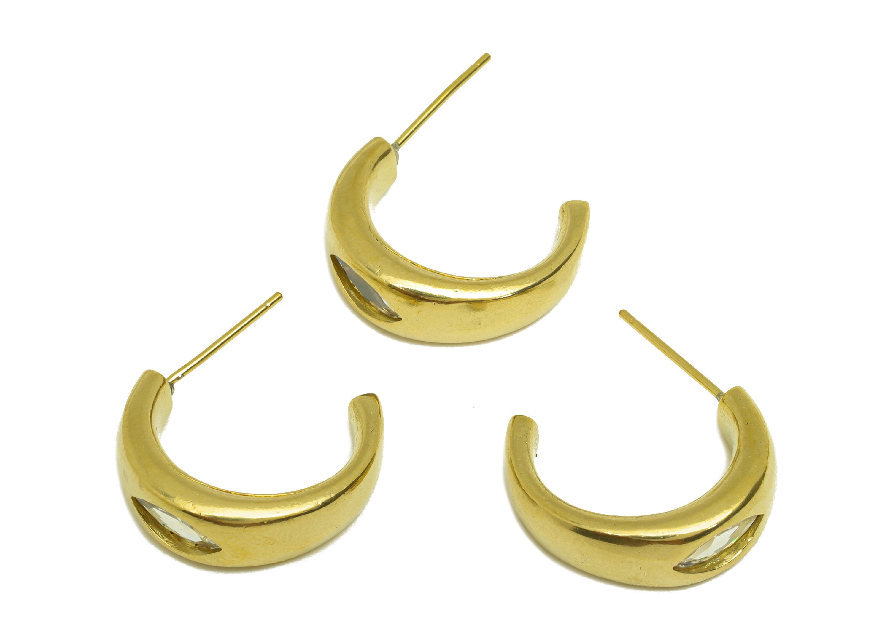 Brass CZ Hoop Earring Stud - Raw Brass Thick Hoop C Earring Post - Cubic Zircon Earring Stud - Marquise Zircon Hoop Post - 19x14x6mm-PP10646 - DOMEDBAZAAR