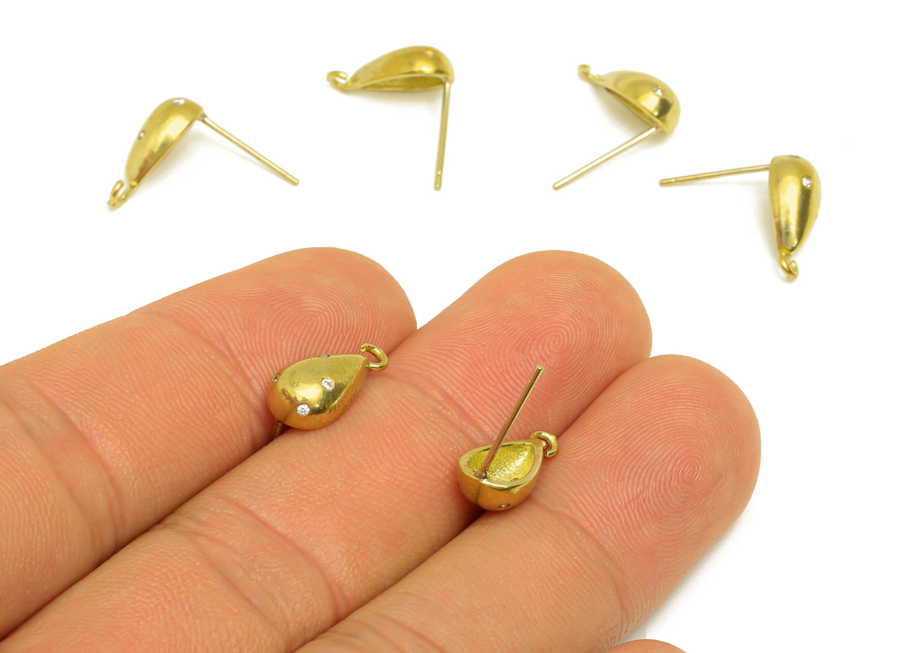 Brass CZ Drop Earring Stud - Raw Brass Teardrop Earring Post With Loop - Brass Geometry Cubic Zircon Earring Stud - 12.9x6.57x3mm - PP10638 - DOMEDBAZAAR