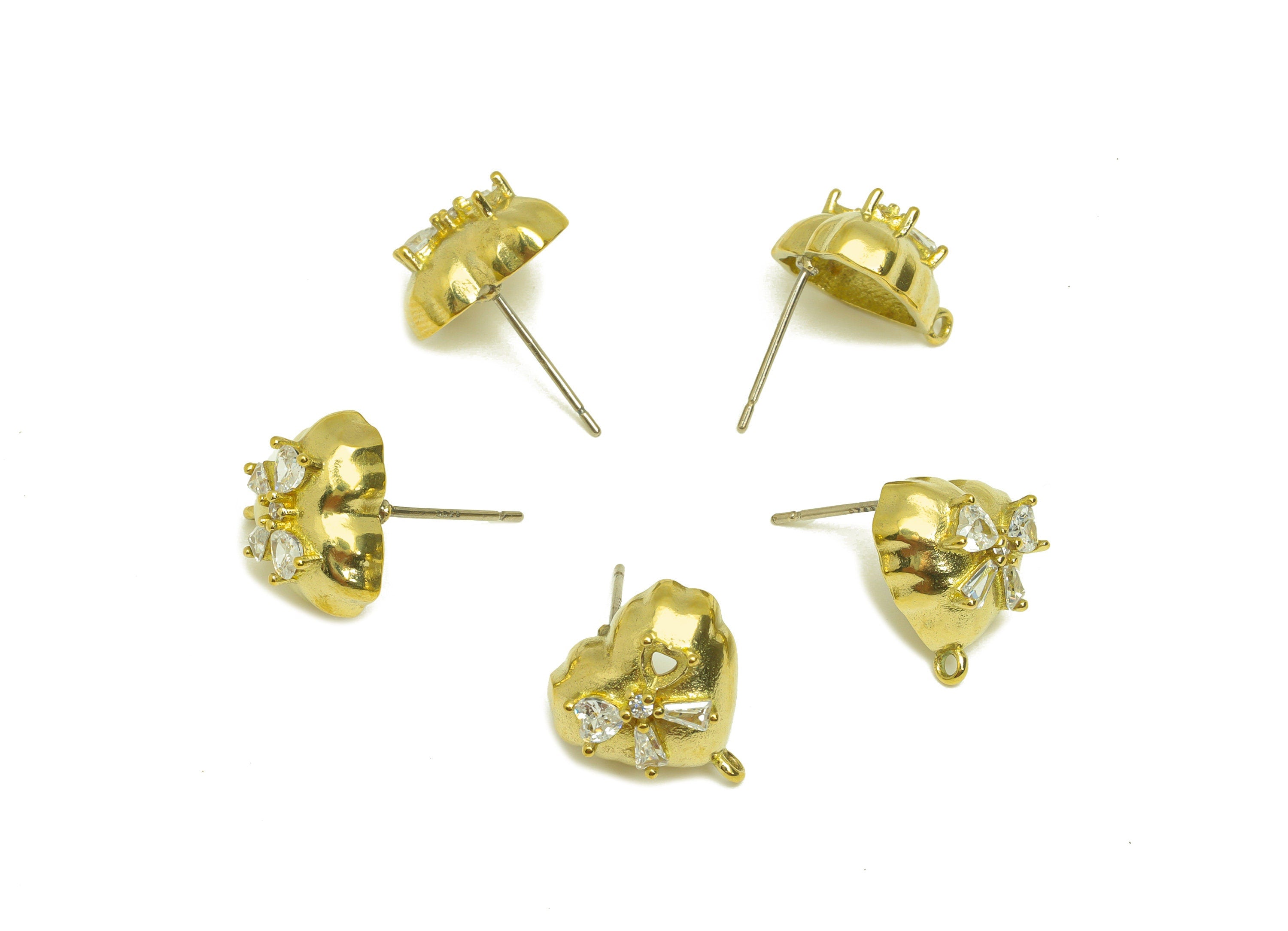 Brass CZ Heart Earring Stud - Raw Brass Cubic Heart Earring Post With Loop - Brass Butterfly Bow Zircon Earring Stud - 13.3x13x6mm - PP10643 - DOMEDBAZAAR