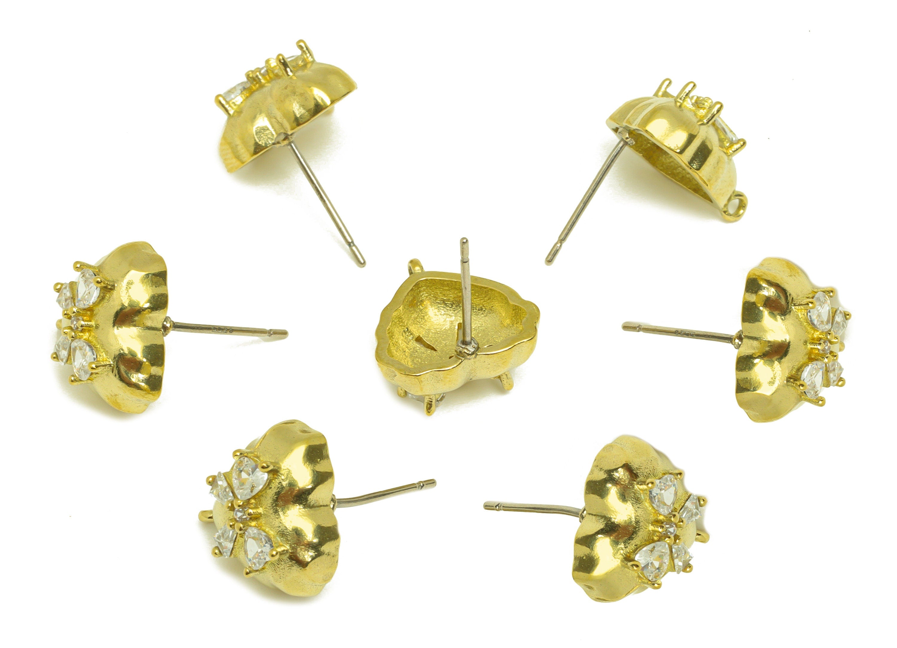 Brass CZ Heart Earring Stud - Raw Brass Cubic Heart Earring Post With Loop - Brass Butterfly Bow Zircon Earring Stud - 13.3x13x6mm - PP10643 - DOMEDBAZAAR