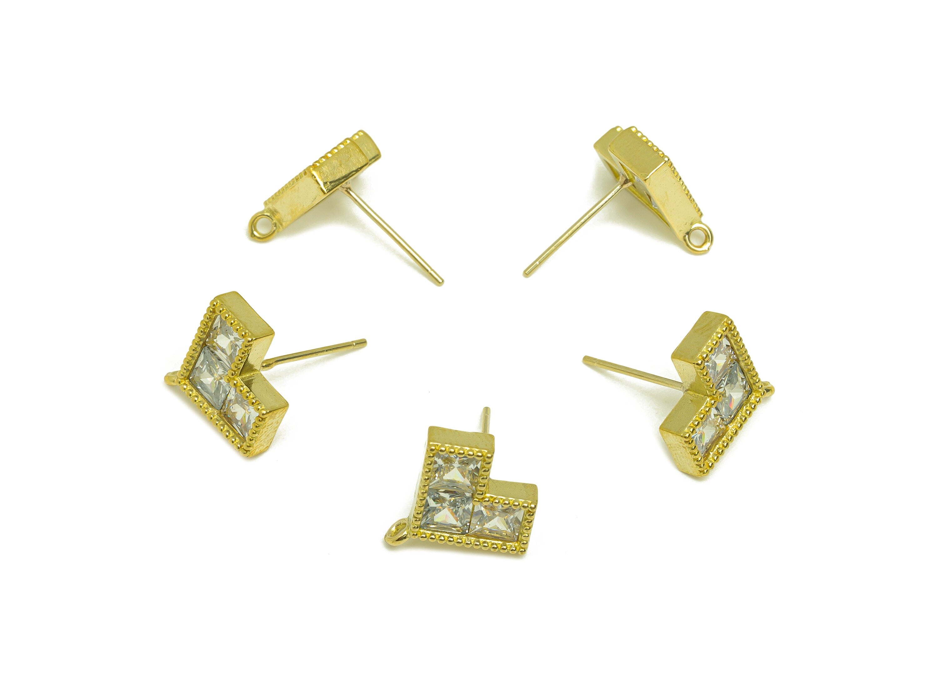 Brass CZ Heart Earring Stud - Raw Brass Square Earring Post With Loop - Brass Textured Heart Zircon Earring Stud - 12.9x13.75x3mm - PP10637 - DOMEDBAZAAR