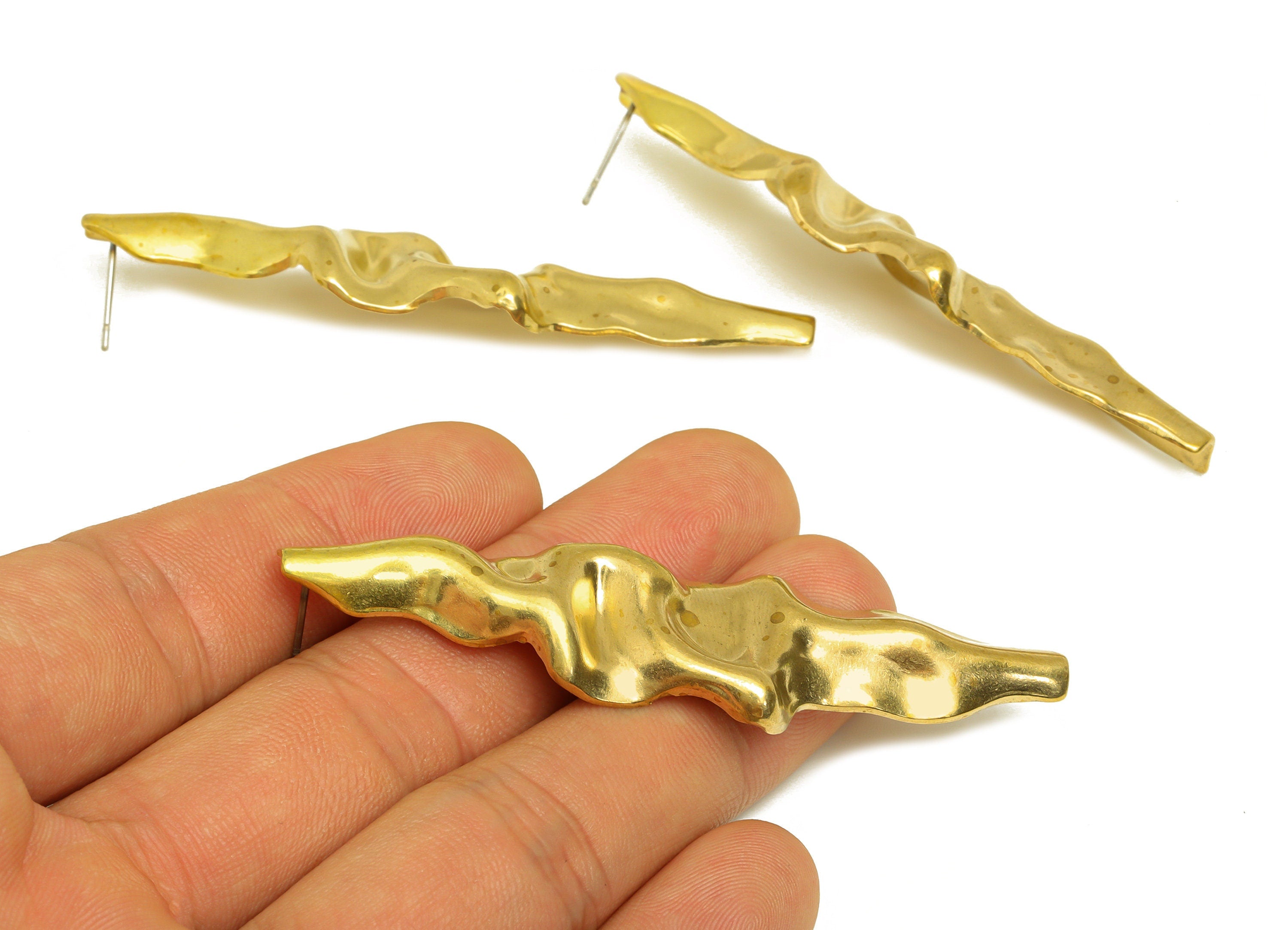 Brass Wavy Stick Earring Stud - Raw Brass Bent Bar Earring Post - Brass Bar Earring Stud - Geometric Exaggeration Post - 71x18x3mm - PP10675 - DOMEDBAZAAR