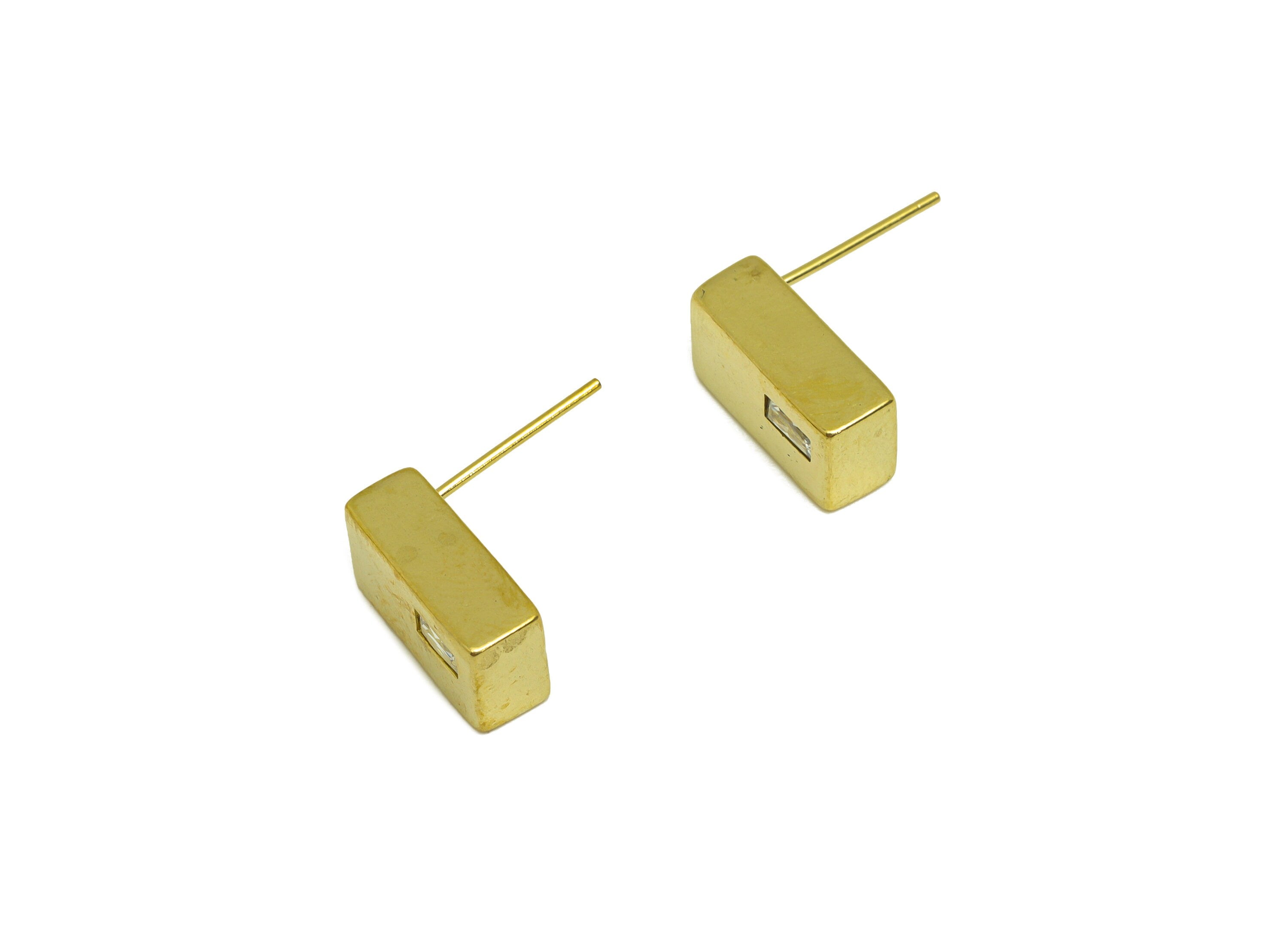 Brass CZ Rectangle Earring Stud - Raw Brass Zircon Rectangle Earring Post - Brass Geometry Zircon Earring Stud - 12.7x7.2x4.8mm - PP10642 - DOMEDBAZAAR
