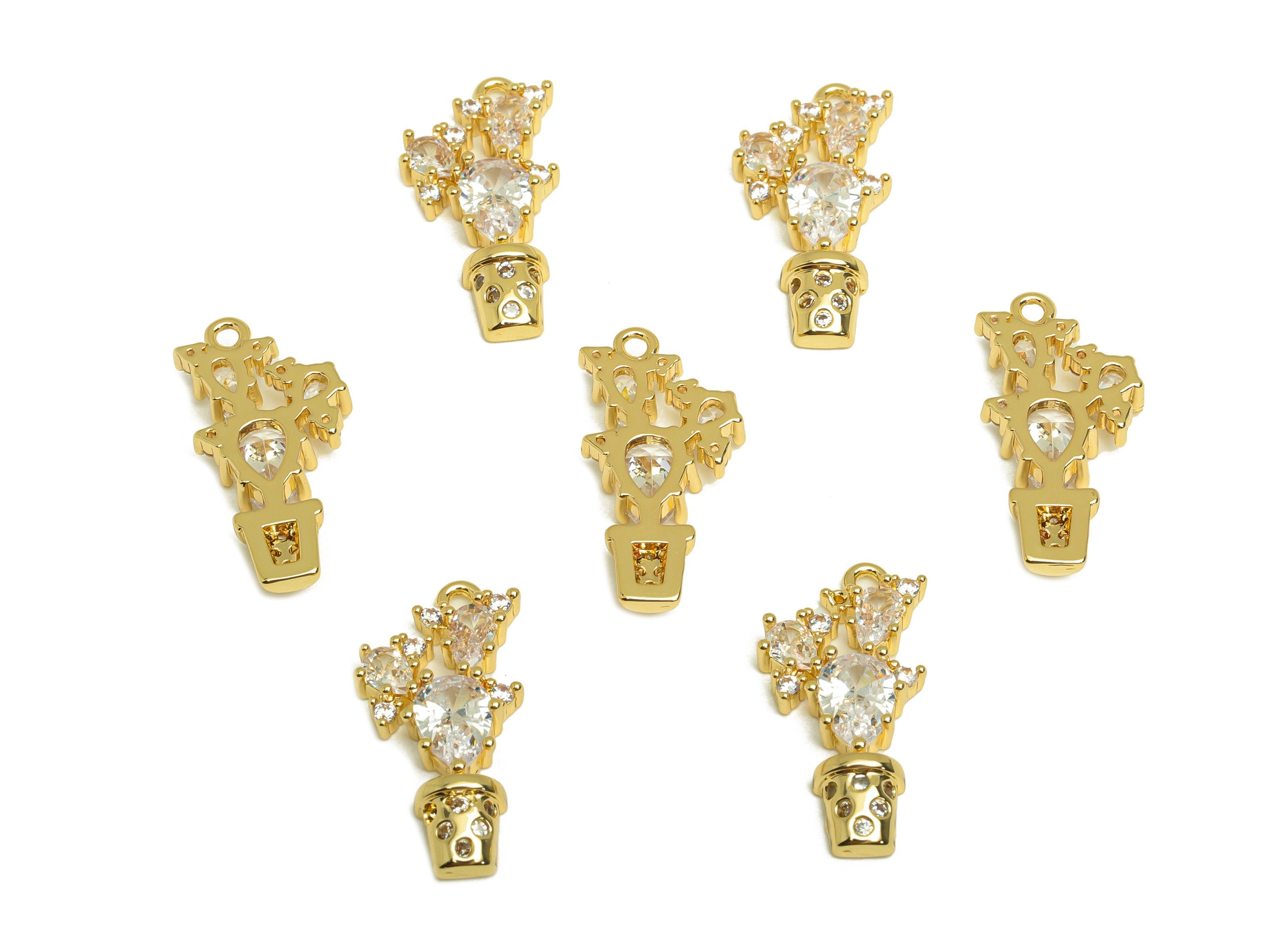 Brass Potted Plants Earring Charm - Brass Zircon Earring Charm - Brass Teardrop Earring Charm - 18K Real Gold Plating - 21x10x3mm - RGP6891 - DOMEDBAZAAR