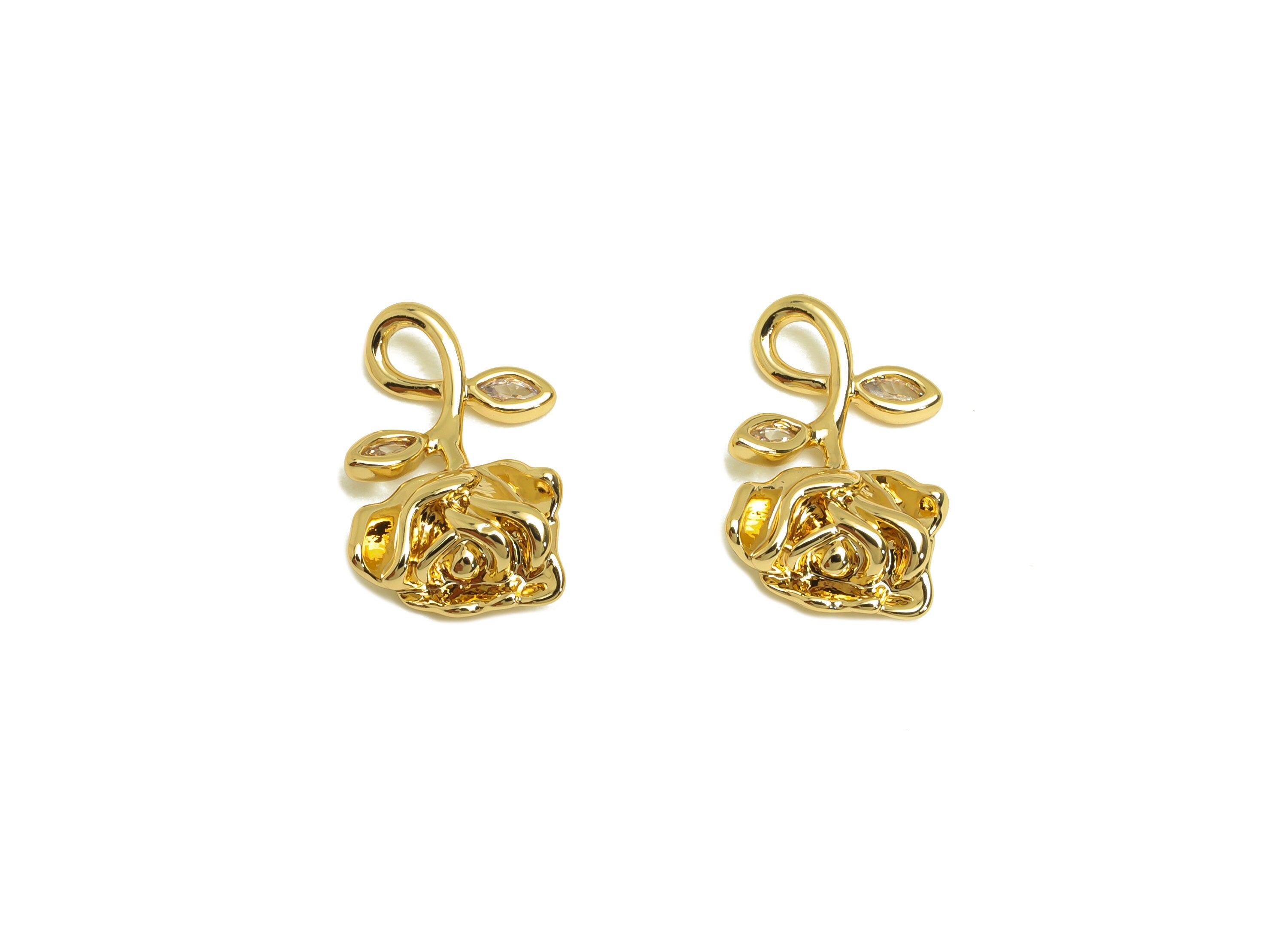 Brass Rose Earring Charm - Brass Cubic Zircon Earring Charm - Brass Flower Earring Charm - 18K Real Gold Plating - 17.23x9.85x3mm - RGP6843 - DOMEDBAZAAR