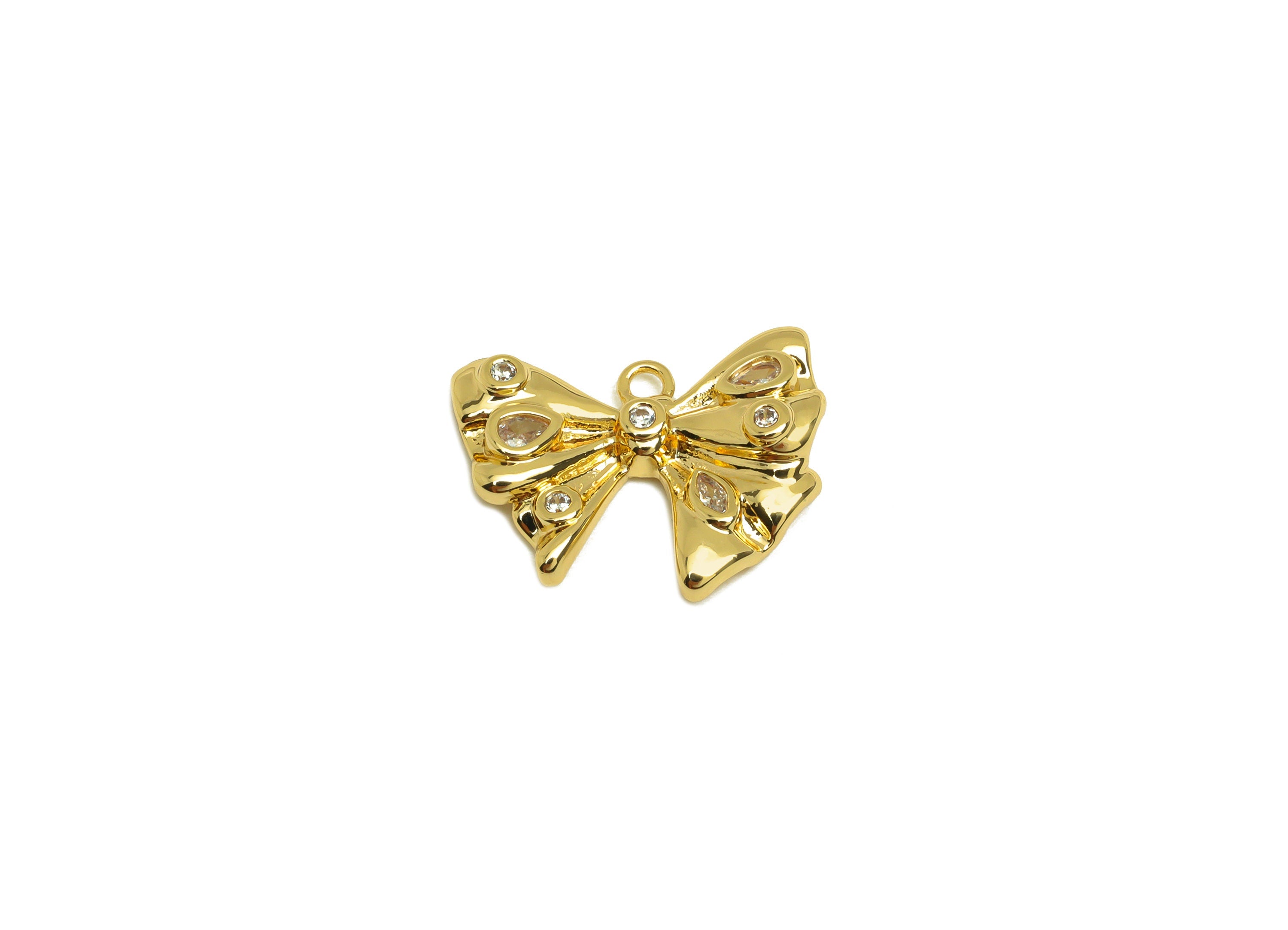 Brass Bow Earring Charm - Brass Cubic Zircon Earring Charm - Brass Butterfly Bow Earring Charm - 18K Real Gold Plating - 14x18x3mm - RGP6893 - DOMEDBAZAAR