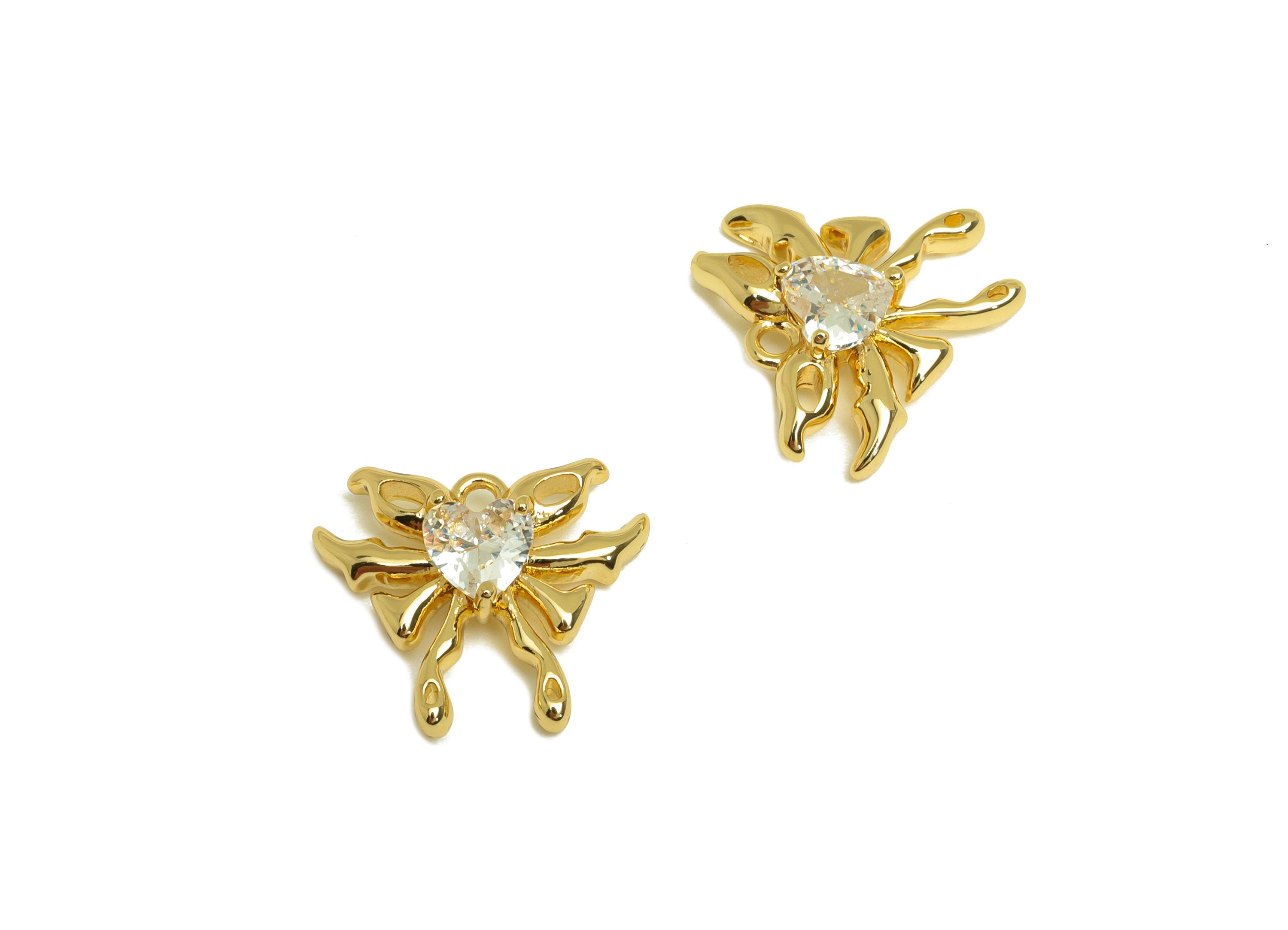 Brass Butterfly Earring Charm - Brass Cubic Zircon Earring Charm - Brass Inset Earring Charm - 18K Real Gold Plating - 13x15x3mm - RGP6877 - DOMEDBAZAAR