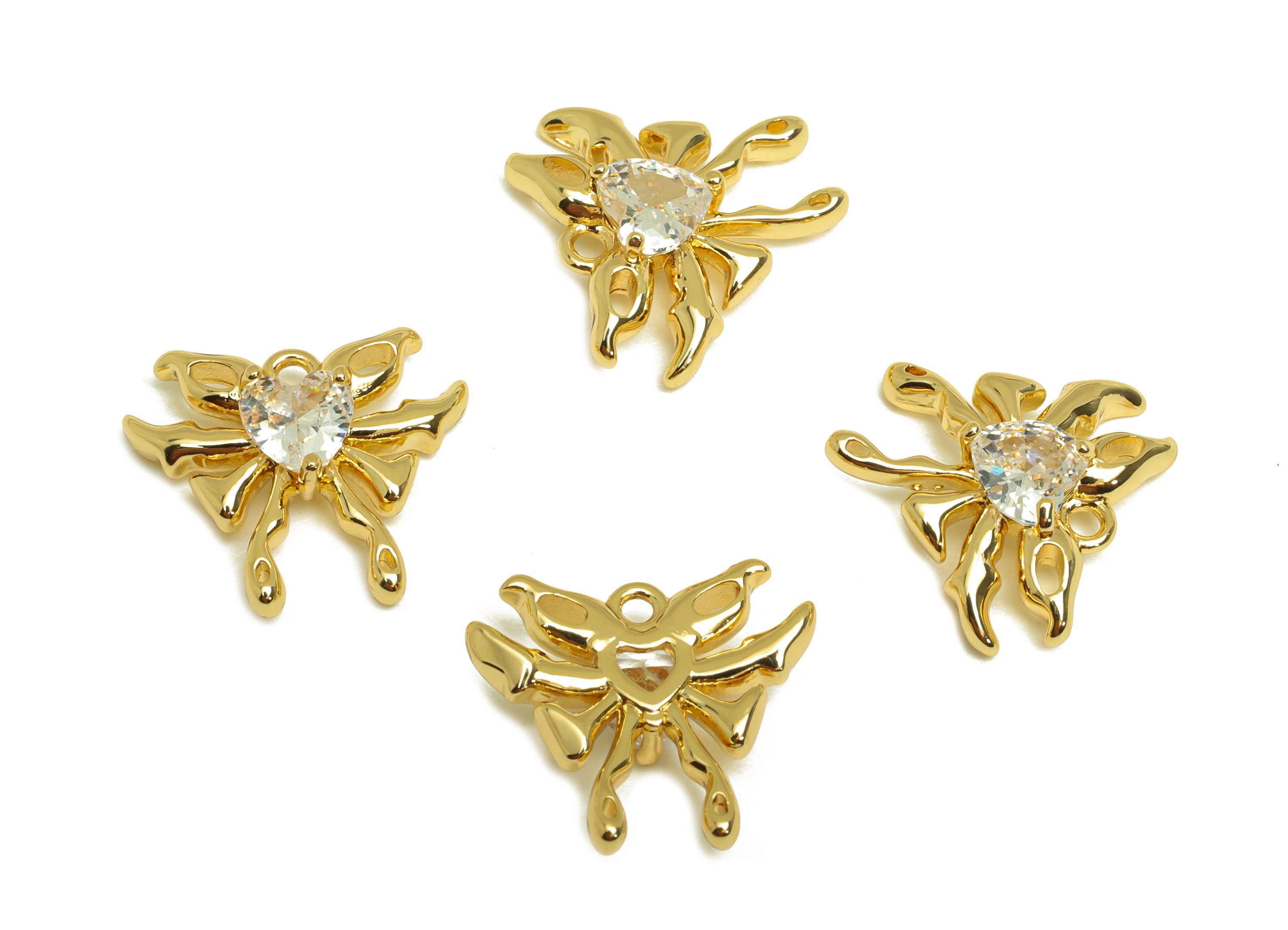 Brass Butterfly Earring Charm - Brass Cubic Zircon Earring Charm - Brass Inset Earring Charm - 18K Real Gold Plating - 13x15x3mm - RGP6877 - DOMEDBAZAAR