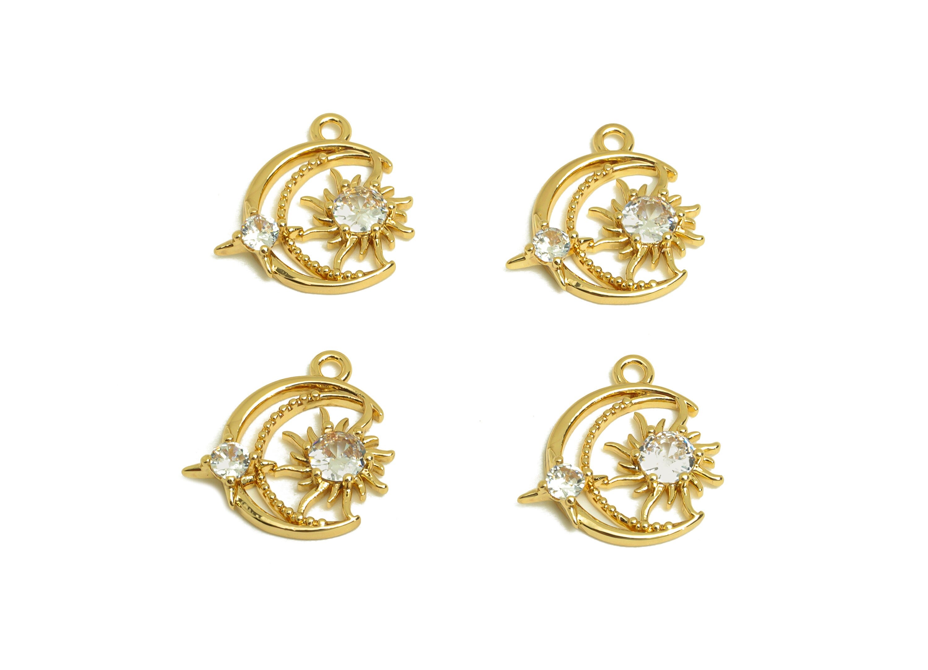 Brass Crescent Earring Charm - Brass Cubic Zircon Earring Charm - Brass Sunshine Earring Charm - 18K Real Gold Plating - 15x15x2mm - RGP6859 - DOMEDBAZAAR