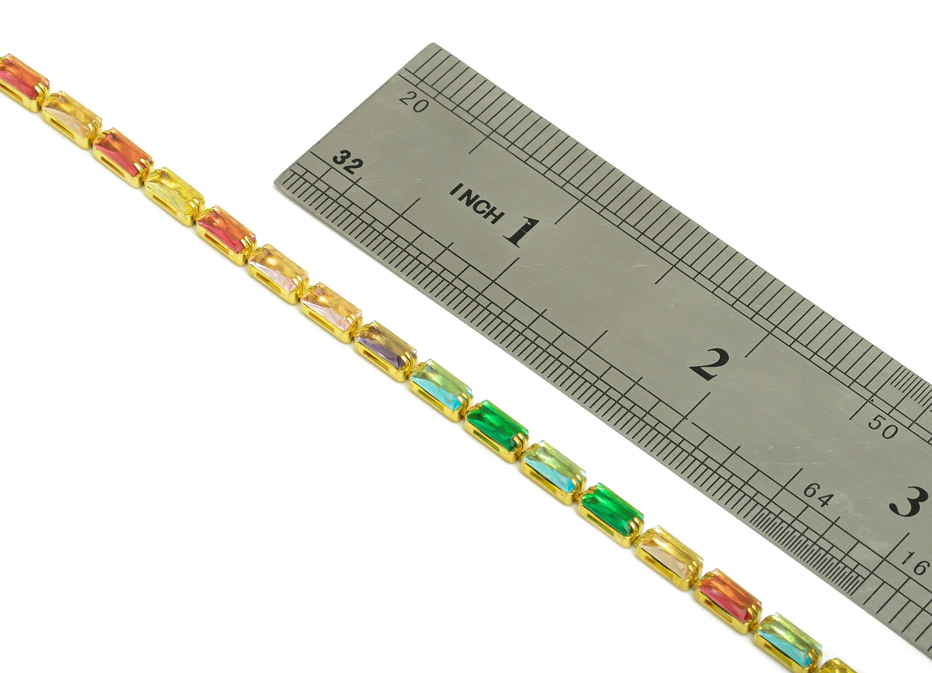 3*6mm Rectangular Zircon Chain - Raw Brass Mix Color Cubic Zircon Bracelet Chain - Rainbow CZ Oblique Claw Chain - 3x6mm - RGP6915 - DOMEDBAZAAR